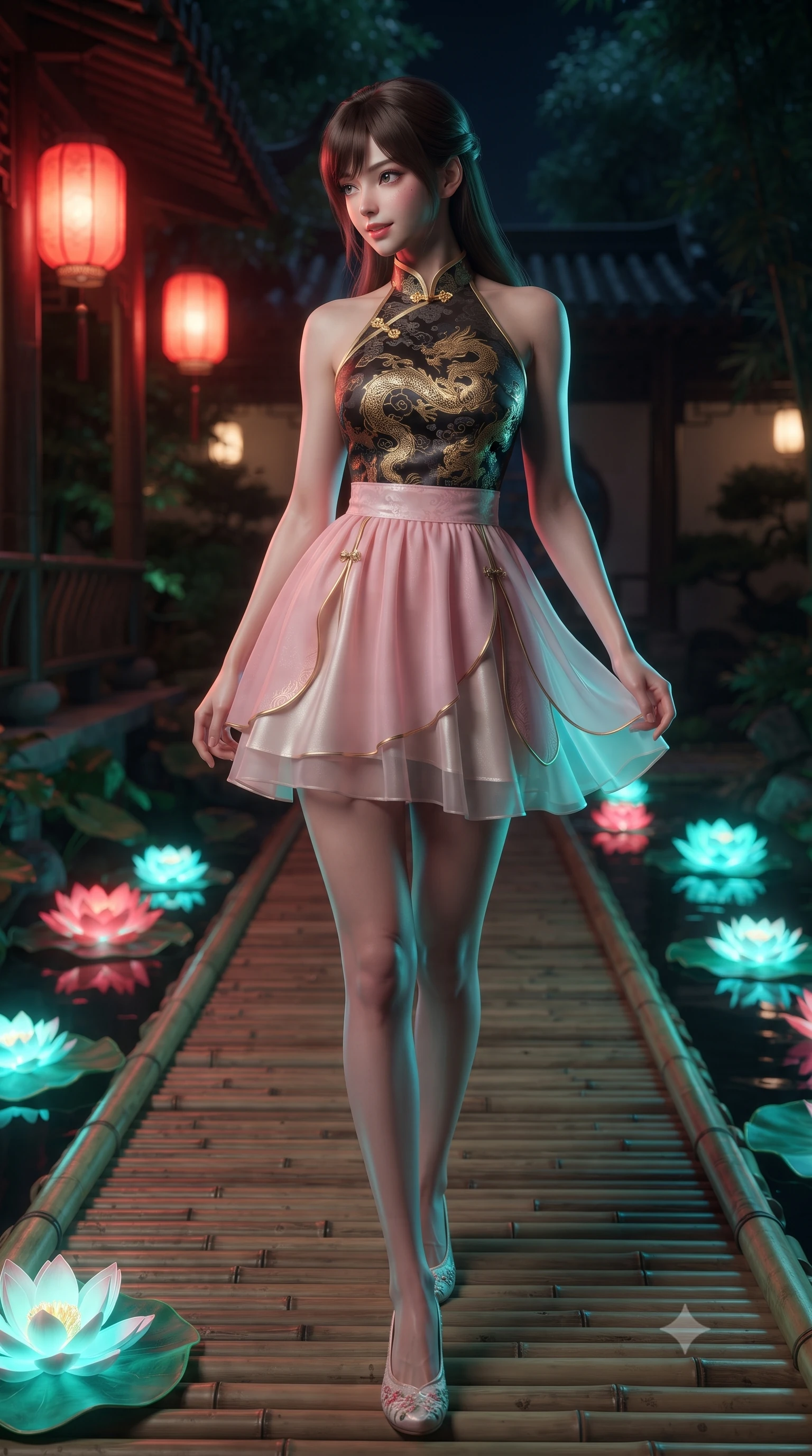 score_9, masterpiece, best quality, ultra-detailed, high-budget anime keyframe, editorial fashion photography, tasteful artistic composition, Korean woman. low angle full-body shot from head to toe showing her feet, filling the entire 9:16 vertical frame with her statuesque presence, stretching her vertical silhouette. walking slowly through the bamboo pathway, looking back over her shoulder with an air of effortless oriental grace and an alluring, smoldering smile while twisting her slender torso in an alluring S-curve, glowing neon water lilies and traditional lanterns casting colorful reflections across her hips. The surrounding environment is rendered in vivid detail and crisp panoramic clarity: detailed jacquard silk dress sheen, gold dragon embroidery glints, and classical Chinese garden architecture in high resolution. She has an absolutely perfect, statuesque 8.5-heads proportion, an exceptionally tall and slender model-like female figure with impossibly long slender legs, an ultra-slim waist, a flat toned midriff, narrow delicate ribcage, and beautifully sculpted feminine hips creating a graceful, slim hourglass silhouette without any bulky heaviness. sharp v-shaped jawline, high-bridge nose, intricate jewel-like dark sparkling almond eyes with depth, thick lashes, glossy parted lips with a natural rose-plum sheen, bright alluring and coquettish smile with bedroom-eyes, exuding both timeless oriental elegance and sovereign high-fashion allure, flawlessly proportioned anatomical accuracy, strict slender model proportions, natural body alignment, perfectly sculpted long slender limbs, ultra-slim waistline, clean dynamic posture without body distortion. wearing a modern halter-neck fusion hanbok bodice with delicate silver embroidery and a fluttering layered chiffon wrap mini skirt in soft cherry blossom pink and pearlescent ivory, woven from metallic gold and silver thread casting subtle starlight glints, finished with sharp laser-cut side hip slits framed by gold piping, the high-waisted wrap tailoring accentuating her ultra-slim waistline and the enchanting curve of her feminine hips with alluring oriental charm. bathed in vibrant red lantern warmth and cool electric cyan water reflections. ultra-reflective glossy finish, specular highlights, rich textural contrasts, high-contrast stereoscopic depth, volumetric dynamic lighting, 2k, ultra detail, master piece, 9:16 ratio