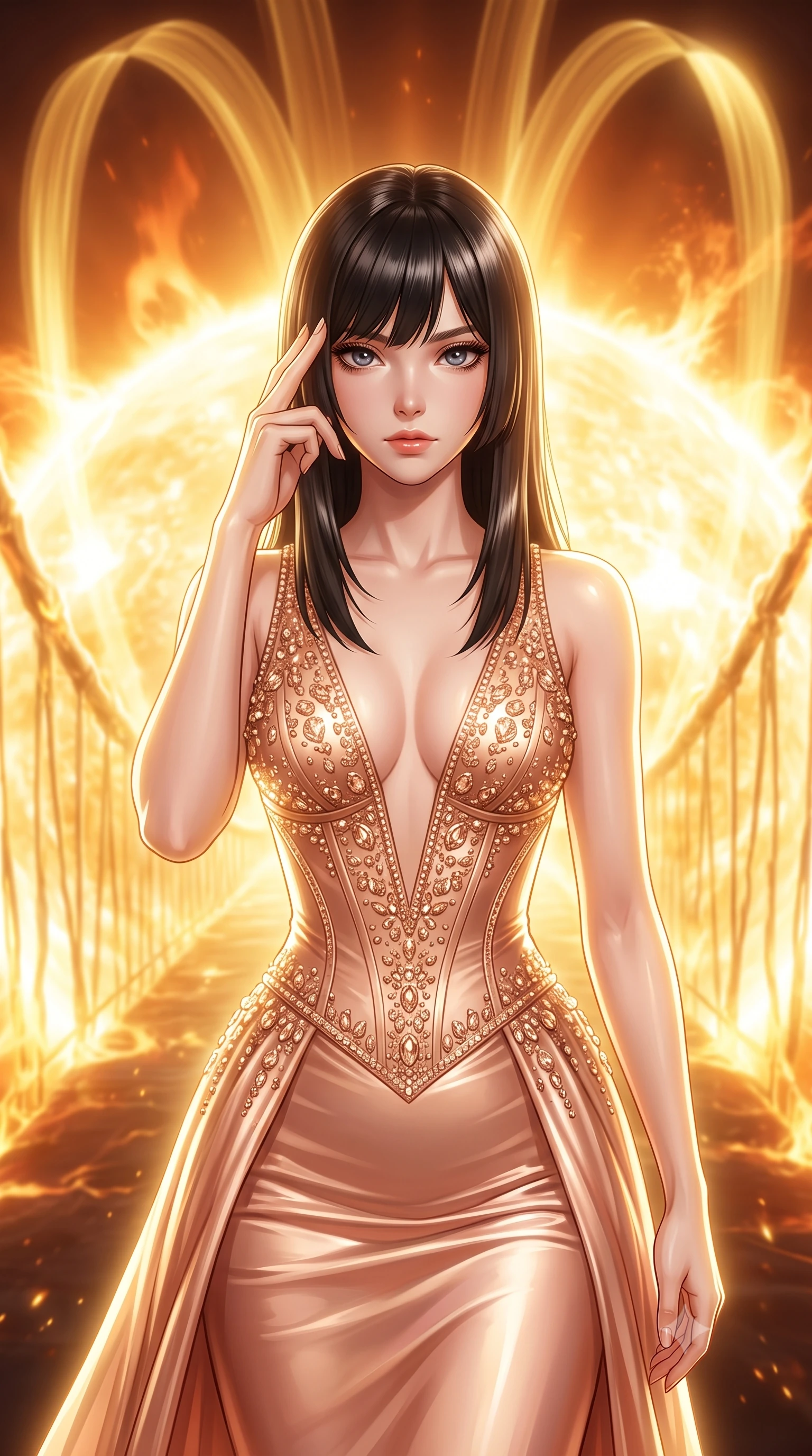 score_9, masterpiece, best quality, ultra-detailed, high-budget anime keyframe, editorial fashion photography, tasteful artistic composition, Caucasian woman, strictly human ears. close-up cowboy shot from the waist and thighs up, the character dominates the composition, filling the frame with her large presence, background elements kept in soft focus. Pressing two fingers to her temple in a composed thoughtful gesture. set against a soft-focus background of a bridge made of solidified solar plasma stretching across the blazing corona of the sun with heat shimmer distorting the view and enormous magnetic field lines arcing overhead like golden ribbons. She has an exceptionally elegant and slender, willowy female figure with an ultra-slim waist, a gracefully sculpted slender torso, and a refined slim physique. sharp v-shaped jawline, high-bridge nose, intricate jewel-like eyes with depth, thick eyelashes, glossy lips with a natural sheen. wearing a floor-length gown in liquid rose gold, featuring an ultra-deep plunging V-neckline and a highly structured bodice. overwhelming golden-white solar radiance from all directions with intense hot orange corona glow and plasma flare highlights creating a blinding luminous atmosphere. 2k, ultra detail, master piece, 9:16 ratio