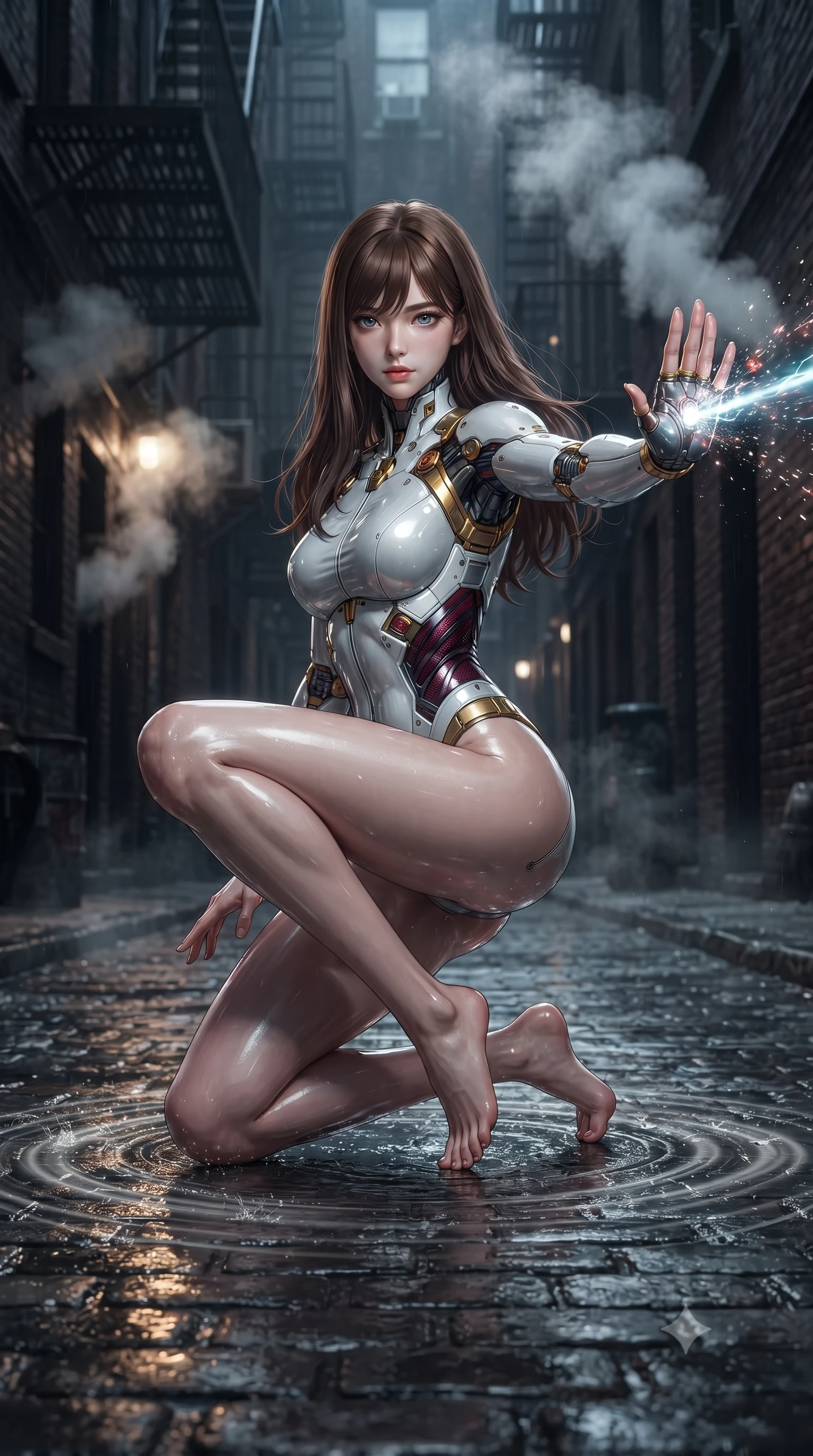 score_9, masterpiece, best quality, ultra-detailed, high-budget anime keyframe, editorial fashion photography, tasteful artistic composition, Korean woman. low angle full-body shot from head to toe showing her feet, filling the entire 9:16 vertical frame with her statuesque presence, stretching her vertical silhouette. landing gracefully from a high-altitude leap on one knee and palm, her statuesque silhouette framed by radial shockwave ripples in the ground while pivoting dynamically on wet cobblestones as her defensive palm parry disperses an incoming neon energy blast. The composition keeps background elements in soft focus with creamy bokeh. dark alleyway fire escapes and rising steam plumes softened in moody shallow focus. She has an absolutely perfect, statuesque 8.5-heads proportion, an exceptionally tall and slender model-like female figure with impossibly long slender legs, a toned flat midriff, and an ultra-slim waist. sharp v-shaped jawline, high-bridge nose, intricate jewel-like eyes with depth, thick eyelashes, glossy lips with a natural sheen, flawlessly proportioned anatomical accuracy, strict slender model proportions, natural body alignment, perfectly sculpted long slender limbs, ultra-slim waistline, clean dynamic posture without body distortion. wearing a form-contouring arctic white carbon-composite martial arts leotard with solar gold articulation joints and diagonal midriff vents in deep crimson carbon weave with specular dark chrome accents, made of lightweight aerodynamic carbon-titanium alloy with polished edge bevels, reinforced by a sleek titanium kinetic harness and glowing micro-energy straps, the liquid-tight tailored fabric emphasizing every curve of her tall, slender model proportions and sculptured silhouette during dynamic movement. illuminated by wet reflective highlights tracing her sculpted flat midriff, waist, and long legs. ultra-reflective glossy finish, specular highlights, dark metallic sheen, high-contrast stereoscopic depth, volumetric dynamic lighting, 2k, ultra detail, master piece, 9:16 ratio