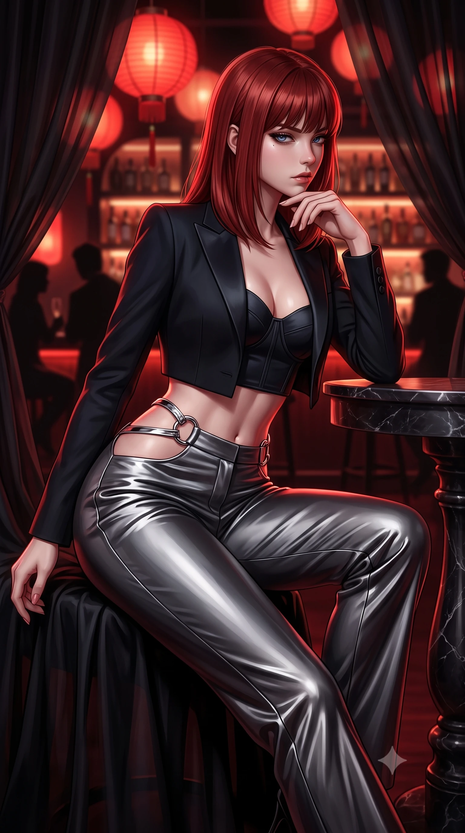 score_9, masterpiece, best quality, ultra-detailed, high-budget anime keyframe, semi-realistic 3D game render, editorial fashion photography, tasteful artistic composition, Caucasian woman. close-up cowboy shot from the waist and thighs up, the character dominates the composition, filling the frame with her large presence. resting one elbow on the marble balustrade while arching her spine with dancer poise, her dark bedroom-eyes casting a magnetic sidelong glance while lounging in a private booth draped in black sheer silk, resting her chin on her fingers while gazing directly into the camera with bedroom-eyes. The composition keeps background elements in soft focus with dreamy creamy bokeh. glowing crimson paper lanterns, backlit onyx bar shelves, and dark silhouette patrons blurred into deep scarlet, vermilion, and obsidian bokeh. She has an exceptionally elegant, slender, and willowy female figure with an ultra-slim waist, flat toned midriff, narrow ribcage, and sculpted feminine hips creating an alluring, slim hourglass silhouette without bulk. sharp v-shaped jawline, high-bridge nose, intricate jewel-like dark sparkling eyes with dangerous depth, thick curled eyelashes, glossy parted lips with a rich wine sheen, smoldering seductive half-smile with bedroom-eyes, exuding effortless superiority and intoxicating dark allure, flawlessly proportioned anatomical accuracy, strict slender model proportions, natural body alignment, perfectly sculpted long slender limbs, ultra-slim waistline, clean dynamic posture without body distortion. wearing a tailored cropped midnight-black tuxedo blazer worn over a structured bustier top and high-waisted cigarette trousers in metallic liquid silver and pitch black, crafted from heavy fluid silk satin with a liquid mirror-like drape, accented with sculptural chrome hardware rings framing the subtle cutouts, the form-fitting cut adhering flawlessly to her sculpted flat midriff and slender torso, emphasizing her long leg lines and perfectly proportioned willowy build. illuminated by sharp specular highlights on skin and dark scarlet rim light sculpting her sculpted midriff, narrow waist, and curvy hips. highly saturated vibrant anime colors, detailed shading with soft gradients, rich glossy textures, high-contrast stereoscopic depth, volumetric dynamic lighting, master piece, 9:16 ratio