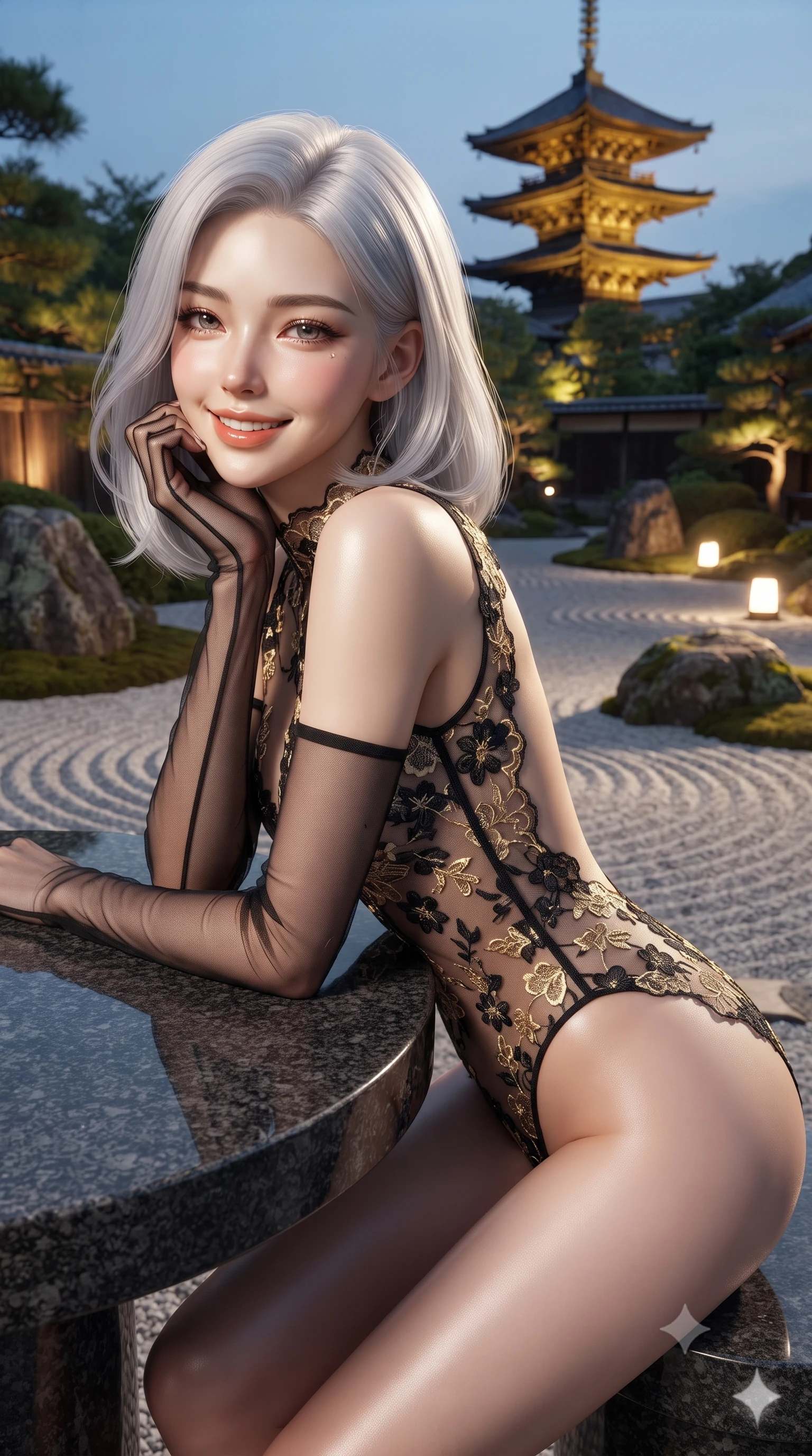 score_9, masterpiece, best quality, ultra-detailed, high-budget anime keyframe, editorial fashion photography, tasteful artistic composition, Korean woman. close-up cowboy shot from the waist and thighs up, the character dominates the composition, filling the frame with her large presence. resting one elbow on the table and supporting her chin, leaning close to the camera with heavy-lidded sparkling eyes and parted lips while standing poised on the polished granite stepping stones in the dry landscape garden, arching her back with siren allure as illuminated Yasaka Pagoda towers in the distance. The surrounding environment is rendered in vivid detail and crisp panoramic clarity: sharp raked gravel concentric ripples, weathered mossy boulder crevices, and cedar tub timber joinery in deep focus. She has an exceptionally elegant, slender, and willowy female figure with an ultra-slim waist, flat toned midriff, narrow ribcage, and sculpted feminine hips creating an alluring, slim hourglass silhouette without bulk. sharp v-shaped jawline, high-bridge nose, intricate jewel-like sparkling eyes with depth, thick eyelashes, glossy parted lips with a natural peach sheen, bright cheerful beaming smile with an enchanting and coquettish sensual glint, exuding both youthful cute charm and seductive allure, flawlessly proportioned anatomical accuracy, strict slender model proportions, natural body alignment, perfectly sculpted long slender limbs, ultra-slim waistline, clean dynamic posture without body distortion. wearing an open-back sheer lace leotard with high-cut leg openings and delicate floral embroidery in Cheongdam modern noir black and molten gold, made of fluid liquid jersey with seamless sculpting hold and smooth contours, complemented by sheer opera-length evening gloves tracing her slender arms, the glove-like clinging cut tightly following the natural contour of her hips and long slender legs with youthful 8.5-heads elegance. bathed in golden floodlights illuminating the ancient wooden pagoda balanced with soft garden uplights. ultra-reflective glossy finish, specular highlights, rich textural contrasts, high-contrast stereoscopic depth, volumetric dynamic lighting, 2k, ultra detail, master piece, 9:16 ratio