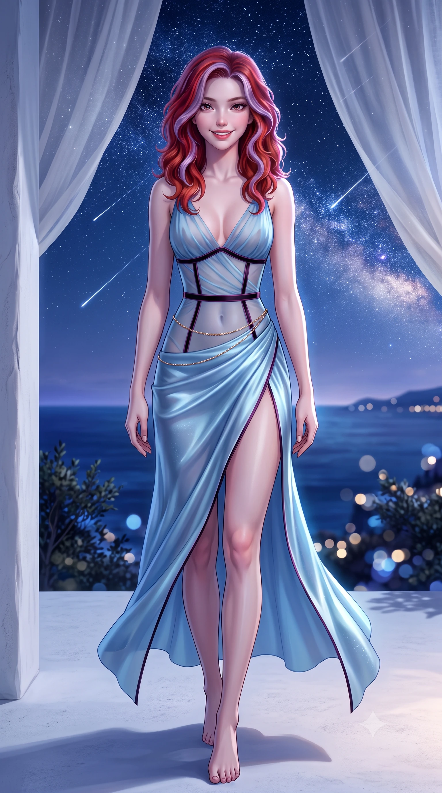 score_9, masterpiece, best quality, ultra-detailed, high-budget anime keyframe, semi-realistic 3D game render, editorial fashion photography, tasteful artistic composition, Caucasian woman. low angle full-body shot from head to toe showing her feet, filling the entire 9:16 vertical frame with her statuesque presence, stretching her vertical silhouette. stepping slowly toward the camera with hypnotic grace, hips swaying in an alluring sensual rhythm that accentuates her curvy hourglass silhouette and long slender legs while standing poised on the white stone platform at the highest cliff point of Anacapri, arching her lower back as Mediterranean nocturnal winds billow sheer linen canopies around her silhouette. The background shows a soft-focus vast panorama of the open Mediterranean Sea stretching to the horizon, shooting stars streaking across dense Milky Way starfields, and cliff edge shrubs blurred into indigo, diamond, and cream bokeh. She has an exceptionally tall and slender model-like 8.5-heads proportion, an ultra-slim waist, a flat toned midriff, narrow delicate ribcage, and beautifully sculpted feminine hips creating a graceful, slim hourglass silhouette without any bulky heaviness, with impossibly long slender legs. sharp v-shaped jawline, high-bridge nose, intricate jewel-like sparkling eyes with depth, thick eyelashes, glossy parted lips with a natural peach sheen, bright cheerful beaming smile with an enchanting and coquettish sensual glint, exuding both youthful cute charm and seductive allure, flawlessly proportioned anatomical accuracy, strict slender model proportions, natural body alignment, perfectly sculpted long slender limbs, ultra-slim waistline, clean dynamic posture without body distortion. wearing a provocative semi-sheer icy blue tulle cocktail dress with velvet ribbon piping contouring her narrow waist and hips in Kyoto moonlit sakura blush and polished urushi black, crafted from fluid liquid silk satin that clings smoothly to her narrow waist and rounded hips with a dewy sheen, accented with a dainty gold belly chain resting across her flat midriff and curving hips, the high-slit wrap tailoring accentuating her ultra-slim waistline and the enchanting curve of her feminine hips with alluring seductive charm. illuminated by white stucco bounce fill and sharp starlight-platinum rim lights defining her dewy collarbones, ultra-slim waist, and curvy hips. highly saturated vibrant anime colors, detailed shading with soft gradients, rich glossy textures, high-contrast stereoscopic depth, volumetric dynamic lighting, master piece, 9:16 ratio