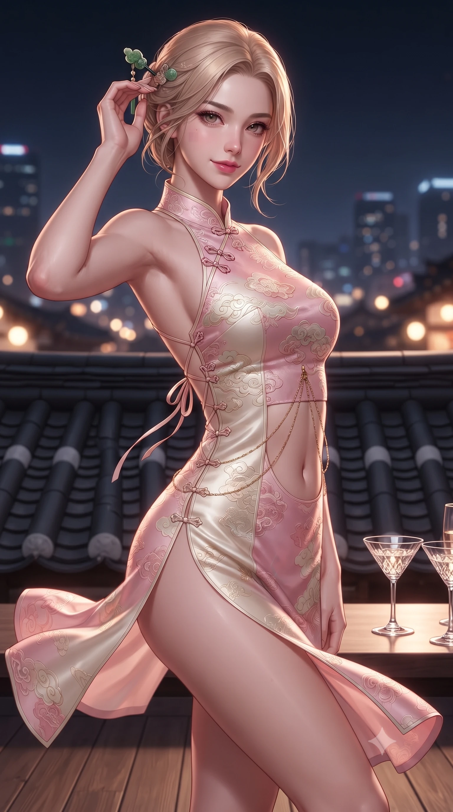 score_9, masterpiece, best quality, ultra-detailed, high-budget anime keyframe, editorial fashion photography, tasteful artistic composition, Korean woman. close-up cowboy shot from the waist and thighs up, the character dominates the composition, filling the frame with her large presence. tilting her head with an alluring smile while arching her spine with dancer poise, one hand touching her ornate jade hairpin in a flirtatious S-curve while twisting her slender torso in an alluring contrapposto stance, twilight evening breezes fluttering her modern fusion outfit around her slender legs and hips. The surrounding environment is rendered in vivid detail and crisp panoramic clarity: sharp traditional clay roof tile patterns, timber floorboard grain, and crystal cocktail glass clarity in deep focus. She has an exceptionally elegant, slender, and willowy female figure with an ultra-slim waist, flat toned midriff, narrow ribcage, and sculpted feminine hips creating an alluring, slim hourglass silhouette without bulk. sharp v-shaped jawline, high-bridge nose, intricate jewel-like dark sparkling almond eyes with depth, thick lashes, glossy parted lips with a natural rose-plum sheen, bright alluring and coquettish smile with bedroom-eyes, exuding both timeless oriental elegance and sovereign high-fashion allure, flawlessly proportioned anatomical accuracy, strict slender model proportions, natural body alignment, perfectly sculpted long slender limbs, ultra-slim waistline, clean dynamic posture without body distortion. wearing a backless lace-up silk sundress with traditional cloud embroidery and an ultra-fitted hip-hugging silhouette in soft cherry blossom pink and pearlescent ivory, tailored from fine crisp cotton-linen with clean structural lines, accented with a delicate gold body chain draping loosely across her flat midriff, the precision-cut side hip slits and low-back scoop framing her graceful spine and the sensual sweep of her slim, toned hips. illuminated by city skyline bokeh bounce and sharp champagne rim lighting sculpting her razor-sharp jawline, narrow waist, and curvy hips. ultra-reflective glossy finish, specular highlights, rich textural contrasts, high-contrast stereoscopic depth, volumetric dynamic lighting, 2k, ultra detail, master piece, 9:16 ratio