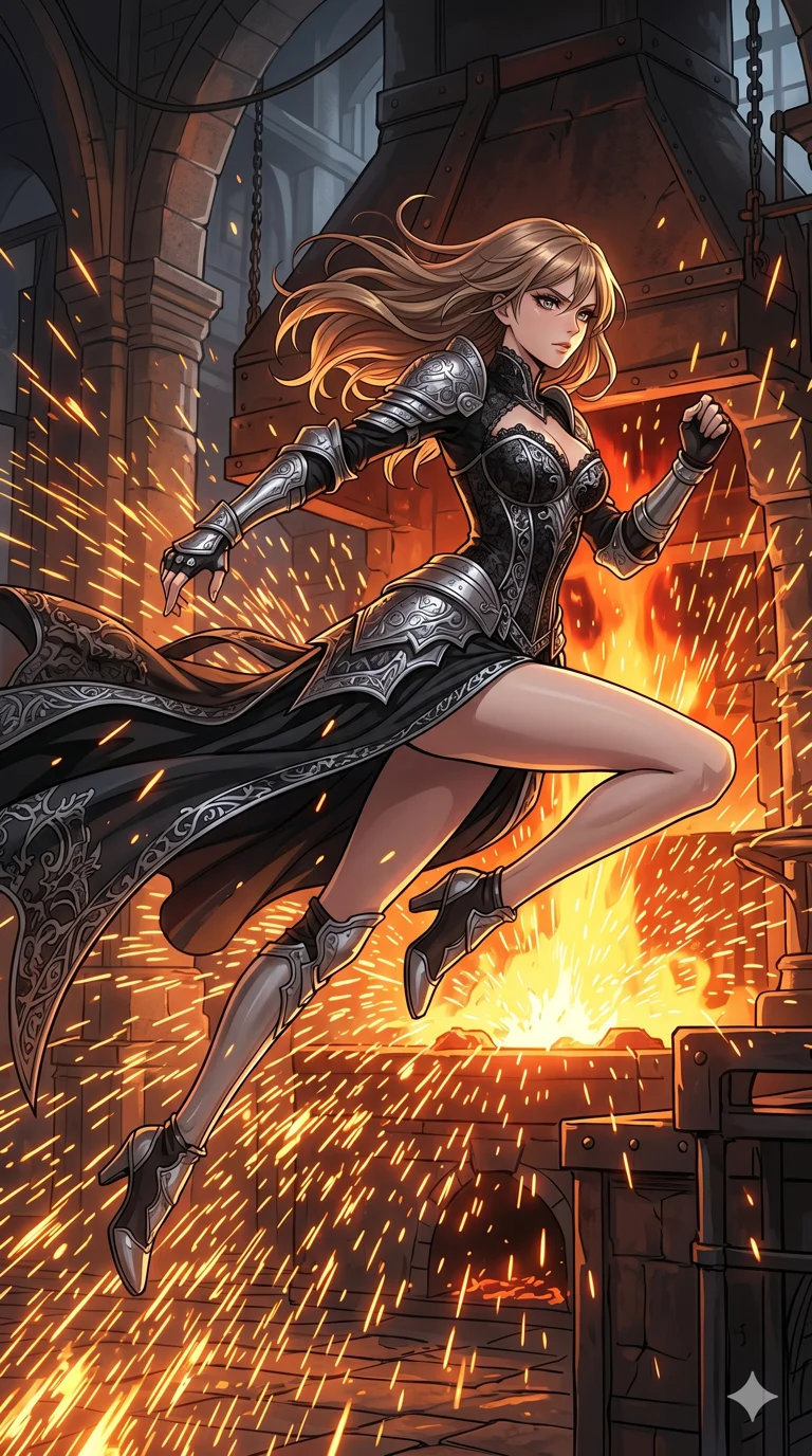 score_9, masterpiece, best quality, ultra-detailed, High-budget Anime Keyframe, beautiful Caucasian anime girl (strictly human ears). Low angle cowboy shot filling the entire 9:16 frame with her statuesque presence. Leaping through a shower of sparks from a giant blacksmith's forge in an industrial palace. She has an absolutely perfect 8-heads proportion, an exceptionally tall and slender female figure with impossibly long slender legs and an ultra-slim waist. Sharp v-shaped jawline, high-bridge nose, intricate jewel-like eyes with depth, thick eyelashes, glossy lips with a natural sheen. Wearing a Dark Fantasy outfit: gothic black lace corset gown with silver armor and a plunging neckline. Background is a bright and colorful forge with glowing molten metal and thousands of orange sparks. 2k, ultra detail, master piece, 9:16 ratio