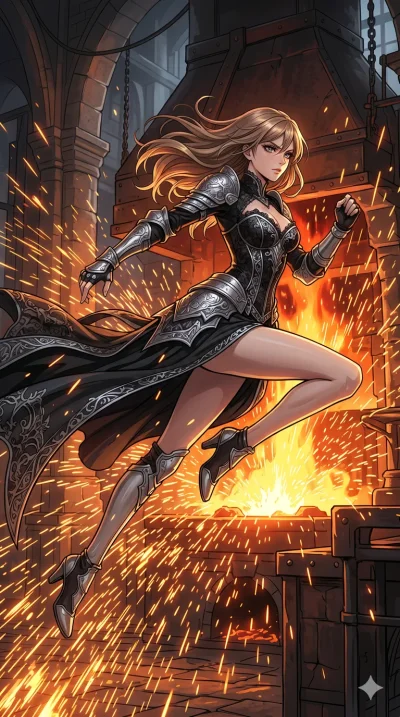 score_9, masterpiece, best quality, ultra-detailed, High-budget Anime Keyframe, beautiful Caucasian anime girl (strictly human ears). Low angle cowboy shot filling the entire 9:16 frame with her statuesque presence. Leaping through a shower of sparks