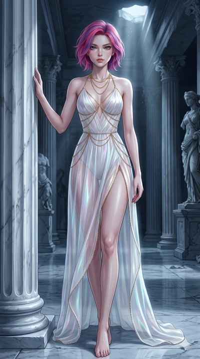 score_9, masterpiece, best quality, ultra-detailed, High-budget Anime Keyframe, East Asian woman. Low angle cowboy shot filling the entire 9:16 frame with her statuesque presence. Scenario 73: Leaning against a cold marble pillar in a moonlit greek t