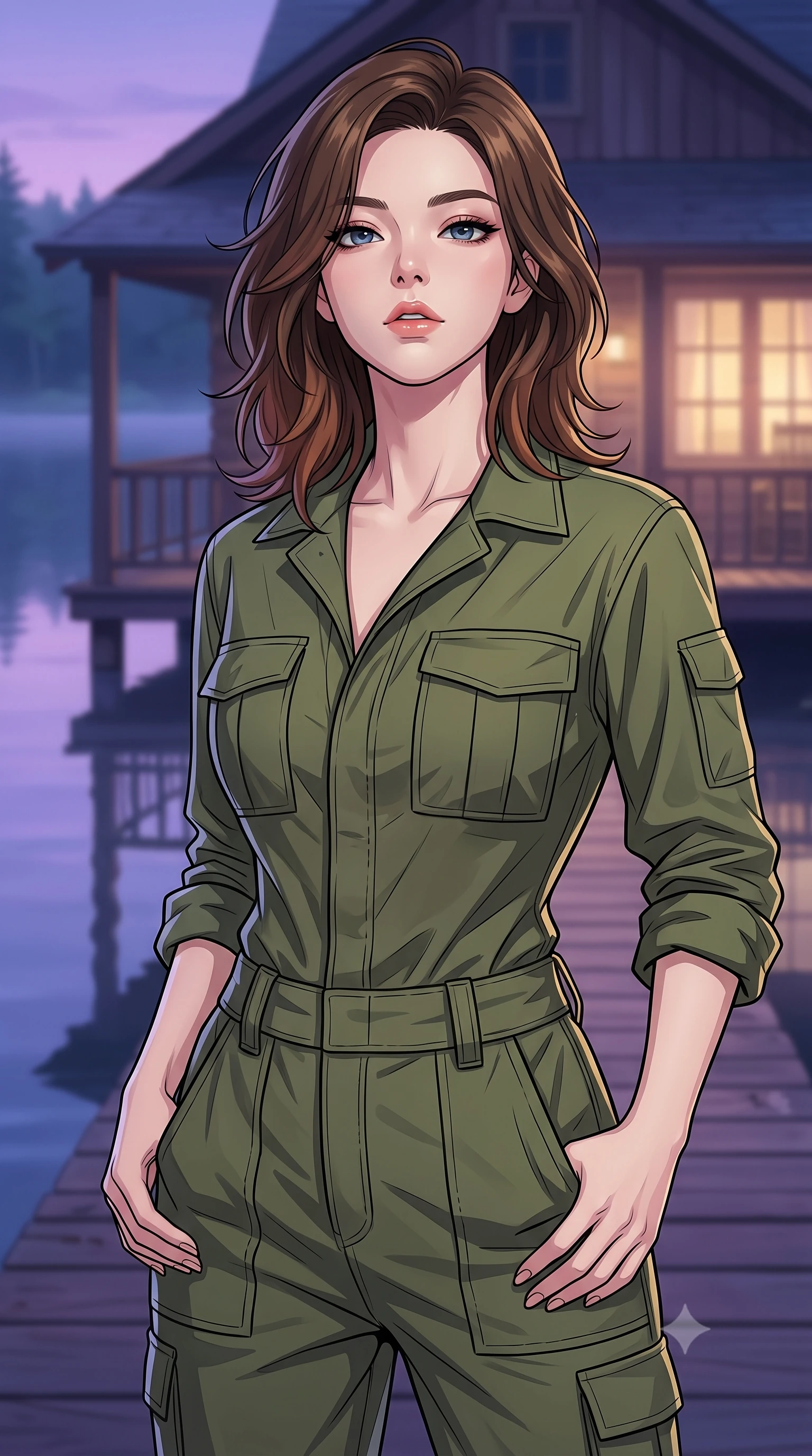 score_9, masterpiece, best quality, ultra-detailed, high-budget anime keyframe, tasteful artistic composition, Korean woman. close-up cowboy shot from the waist and thighs up, the character dominates the composition, filling the frame with her large presence, background elements kept in soft focus. tilting her chin up slightly with lips parted in a composed, provocative expression the background shows a soft-focus a private lakehouse wooden pier extending over a calm forest lake. She has an exceptionally elegant, slender, and willowy female figure with an ultra-slim waist, a gracefully sculpted slender torso, and a refined silhouette. sharp v-shaped jawline, high-bridge nose, intricate jewel-like eyes with depth, thick eyelashes, glossy lips with a natural sheen. wearing a tailored comfortable olive green cotton utility jumpsuit with a structured collar and rolled-up sleeves. the serene purple and blue hues of twilight reflecting on the still water. highly saturated vibrant anime colors, cel-shading, 2d style, master piece, 9:16 ratio