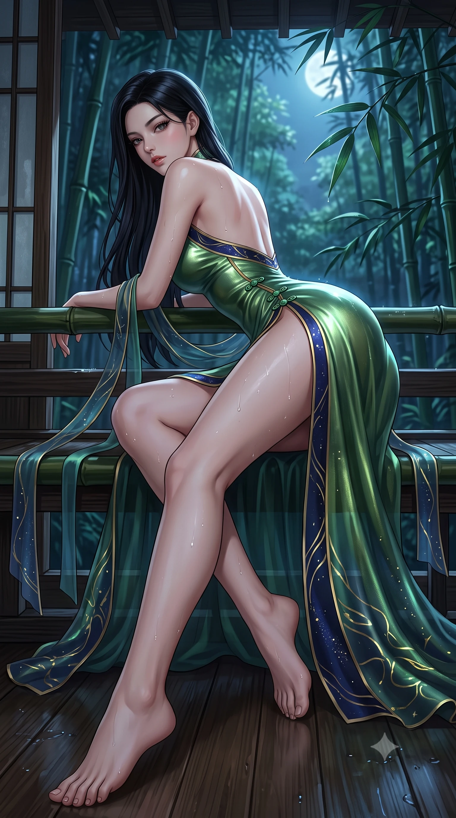 score_9, masterpiece, best quality, ultra-detailed, high-budget anime keyframe, semi-realistic 3D game render, editorial fashion photography, tasteful artistic composition, Korean woman. low angle full-body shot from head to toe showing her feet, filling the entire 9:16 vertical frame with her statuesque presence, stretching her vertical silhouette. reclining on her side in an elegant Cleopatra pose with one knee drawn up, the dramatic contour of her rounded hips and long slender legs commanding the 9:16 vertical frame while leaning forward over the dark bamboo veranda railing with lower back arched, looking over her bare shoulder into the moonlit bamboo grove. The surrounding environment is rendered in vivid detail and crisp panoramic clarity. sharp wet hinoki wood grain, distinct water droplet tracks on skin, and bamboo leaf venation in deep focus. She has an absolutely perfect, statuesque 8.5-heads proportion, an exceptionally tall and slender model-like female figure with impossibly long slender legs, a toned flat midriff, an ultra-slim waist, and beautifully sculpted feminine hips. sharp v-shaped jawline, high-bridge nose, intricate jewel-like eyes with depth, thick eyelashes, glossy parted lips with a natural sheen, intensely captivating and seductive bedroom-eyes expression, flawlessly proportioned anatomical accuracy, strict slender model proportions, natural body alignment, perfectly sculpted long slender limbs, ultra-slim waistline, clean dynamic posture without body distortion. wearing a liquid metallic bamboo-green gown with open side slits ascending to the high hip in midnight indigo and glowing starlight gold, woven from sheer cascading chiffon that ripples like water, finished with genuine jade button closures and floating celestial silk ribbons, the form-contouring material adhering flawlessly to her sculpted flat midriff and slender torso, emphasizing her long leg lines and perfectly proportioned willowy build. surrounded by a tranquil, poetic, and deeply sensual Japanese ryokan muse aura. highly saturated vibrant anime colors, detailed shading with soft gradients, rich glossy textures, high-contrast stereoscopic depth, volumetric dynamic lighting, master piece, 9:16 ratio