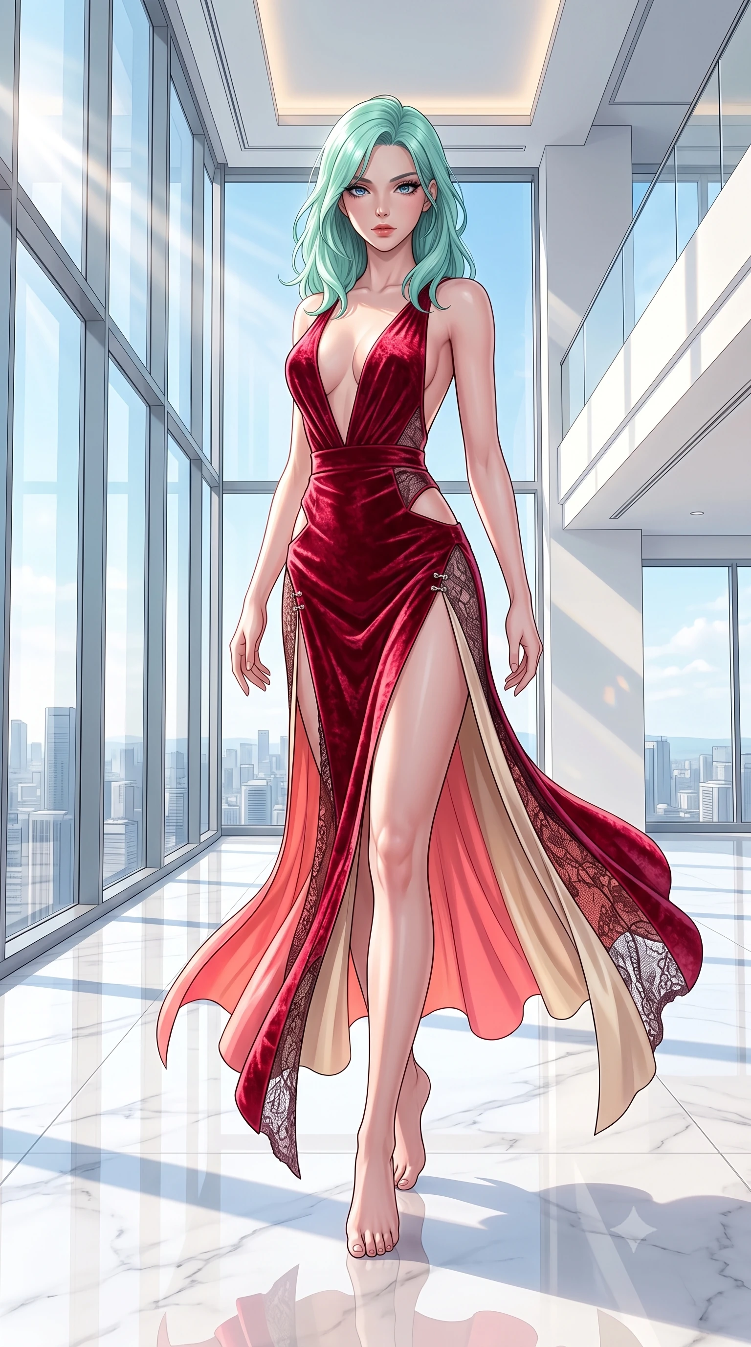 score_9, masterpiece, best quality, ultra-detailed, high-budget anime keyframe, semi-realistic 3D game render, editorial fashion photography, tasteful artistic composition, Japanese woman. low angle full-body shot from head to toe showing her feet, filling the entire 9:16 vertical frame with her statuesque presence, stretching her vertical silhouette. performing an alluring mid-air vault with flawless poise, looking directly into the camera with smoldering intensity while striding gracefully across a polished white marble penthouse floor under soaring floor-to-ceiling glass windows. The surrounding environment is rendered in vivid detail and crisp panoramic clarity. high-contrast pristine white decor and sunlit architectural lines rendered with environmental sharpness. She has an absolutely perfect, statuesque 8.5-heads proportion, an exceptionally tall and slender model-like female figure with impossibly long slender legs, a toned flat midriff, and an ultra-slim waist. sharp v-shaped jawline, high-bridge nose, intricate jewel-like eyes with depth, thick eyelashes, glossy lips with a natural sheen, flawlessly proportioned anatomical accuracy, strict slender model proportions, natural body alignment, perfectly sculpted long slender limbs, ultra-slim waistline, clean dynamic posture without body distortion. wearing a backless crimson crushed velvet gown with a deep plunging V-neckline, strategic hip cutouts, and an ultra-high thigh slit in radiant coral pink and champagne ivory, crafted from delicate dark lace interwoven with luminescent micro-fibers, finished with an ultra-high side slit secured by miniature magnetic clasps, the form-contouring material adhering flawlessly to her sculpted flat midriff and slender torso, emphasizing her long leg lines and perfectly proportioned willowy build. surrounded by a hyper-clean, sophisticated, and ultra-chic luxury editorial aura. highly saturated vibrant anime colors, detailed shading with soft gradients, rich glossy textures, high-contrast stereoscopic depth, volumetric dynamic lighting, master piece, 9:16 ratio