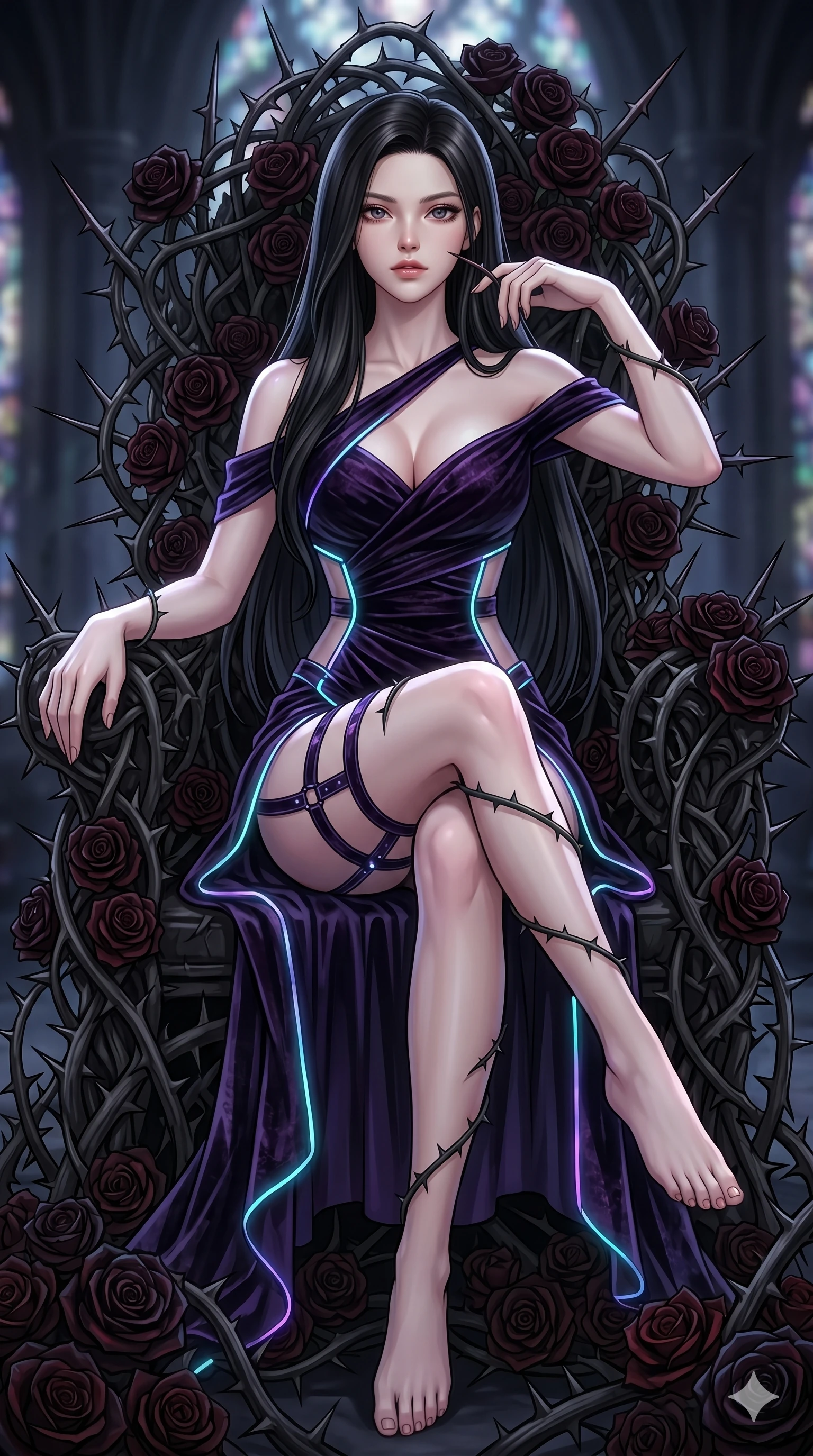score_9, masterpiece, best quality, ultra-detailed, High-budget Anime Keyframe, East Asian woman. Dynamic full-body shot stretching the vertical silhouette to the limit. Scenario 100: Resting on a throne of black roses, thorns grazing her skin. Her presence is magnetic and overpowering in this high-budget anime scene. Outfit 100: A crushed dark velvet garter with a low-cut shoulder and glowing LED seams. The clothing is designed to emphasize her exceptionally tall and slender 8-heads proportion. 8-heads proportion, towering silhouette, ultra-slim waist. sharp v-shaped jawline, intricate jewel-like eyes with depth, thick eyelashes, glossy lips. 2k, ultra detail, master piece, 9:16 ratio