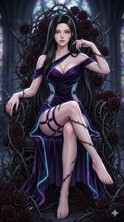 score_9, masterpiece, best quality, ultra-detailed, High-budget Anime Keyframe, East Asian woman. Dynamic full-body shot stretching the vertical silhouette to the limit. Scenario 100: Resting on a throne of black roses, thorns grazing her skin. Her p