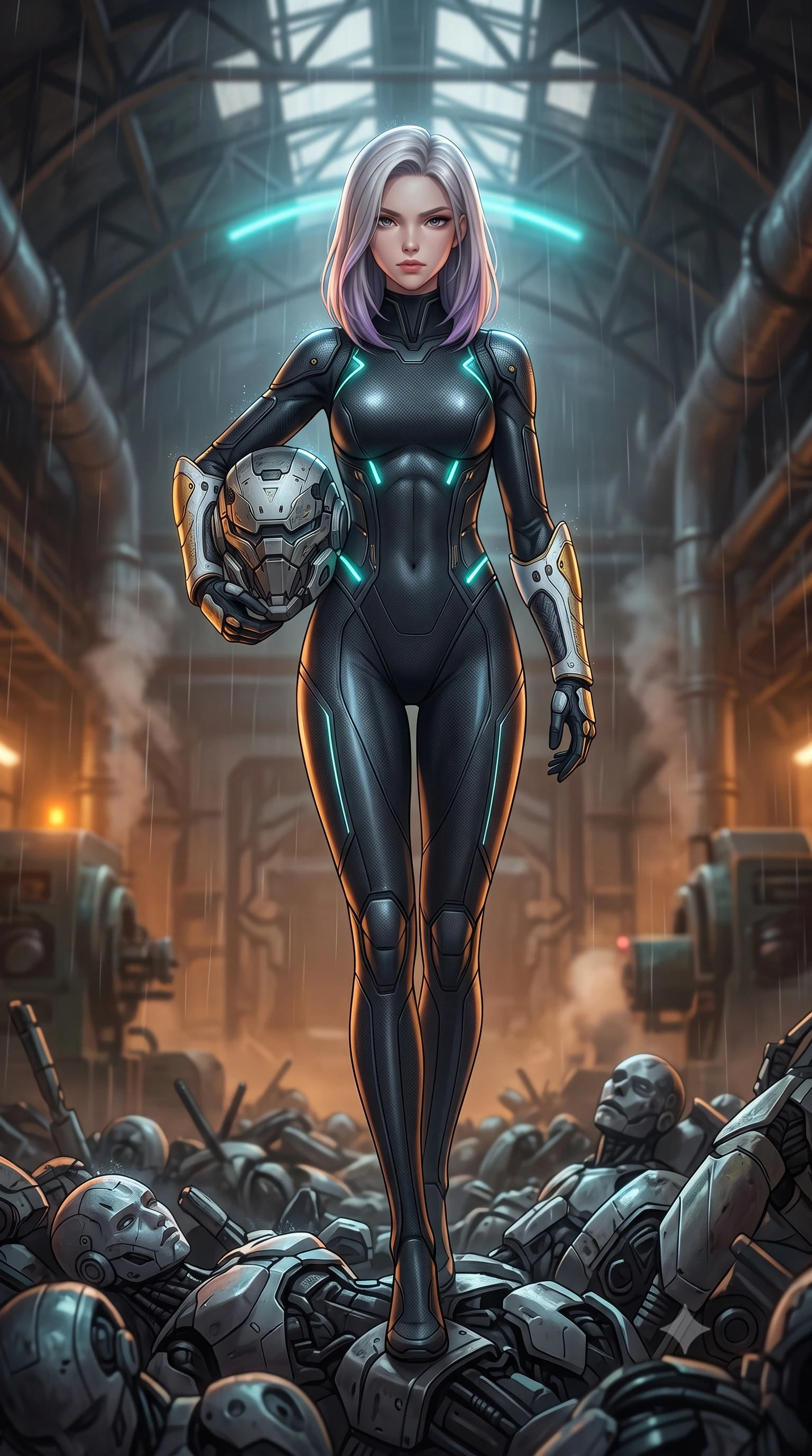 score_9, masterpiece, best quality, ultra-detailed, high-budget anime keyframe, semi-realistic 3D game render, editorial fashion photography, tasteful artistic composition, Caucasian woman. low angle full-body shot from head to toe showing her feet, filling the entire 9:16 vertical frame with her statuesque presence, stretching her vertical silhouette. striding forward with sovereign warrior elegance in a low, predatory combat advance through the ruins, hips swaying with fierce athletic poise while standing poised atop a mountain of discarded cybernetic android chassis in a vast subterranean industrial cavern. The composition keeps background elements in soft focus with creamy bokeh. cavernous subterranean ceiling trusses and rising steam pipes softened in moody shallow depth of field. She has an absolutely perfect, statuesque 8.5-heads proportion, an exceptionally tall and slender model-like female figure with impossibly long slender legs, a toned flat midriff, and an ultra-slim waist. sharp v-shaped jawline, high-bridge nose, intricate jewel-like eyes with depth, thick eyelashes, glossy lips with a natural sheen, fierce and resolute heroine expression, flawlessly proportioned anatomical accuracy, strict slender model proportions, natural body alignment, perfectly sculpted long slender limbs, ultra-slim waistline, clean dynamic posture without body distortion. holding a modular carbon battle-helmet under one arm, her flawless face and sculpted neck exposed to the rain with determined warrior focus, paired with a skin-tight dark carbon-weave combat bodysuit with glowing neon energy conduits and reinforced Damascus-pattern forearm strike guards in arctic white carbon composite with scratched solar gold armor plating, made of liquid carbon-jersey fabric accentuating every curve of her tall, slender model proportions, reinforced by a heavy-duty titanium tactical harness and glowing micro-energy status straps, the form-contouring material adhering flawlessly to her sculpted flat midriff and slender torso, emphasizing her long leg lines and perfectly proportioned willowy build. bathed in atmospheric amber emergency lighting and pulsing cyan sonar crown glow. rich saturated anime colors with glowing neon highlights, detailed shading with soft gradients, rich glossy textures, high-contrast stereoscopic depth, volumetric dynamic lighting, master piece, 9:16 ratio