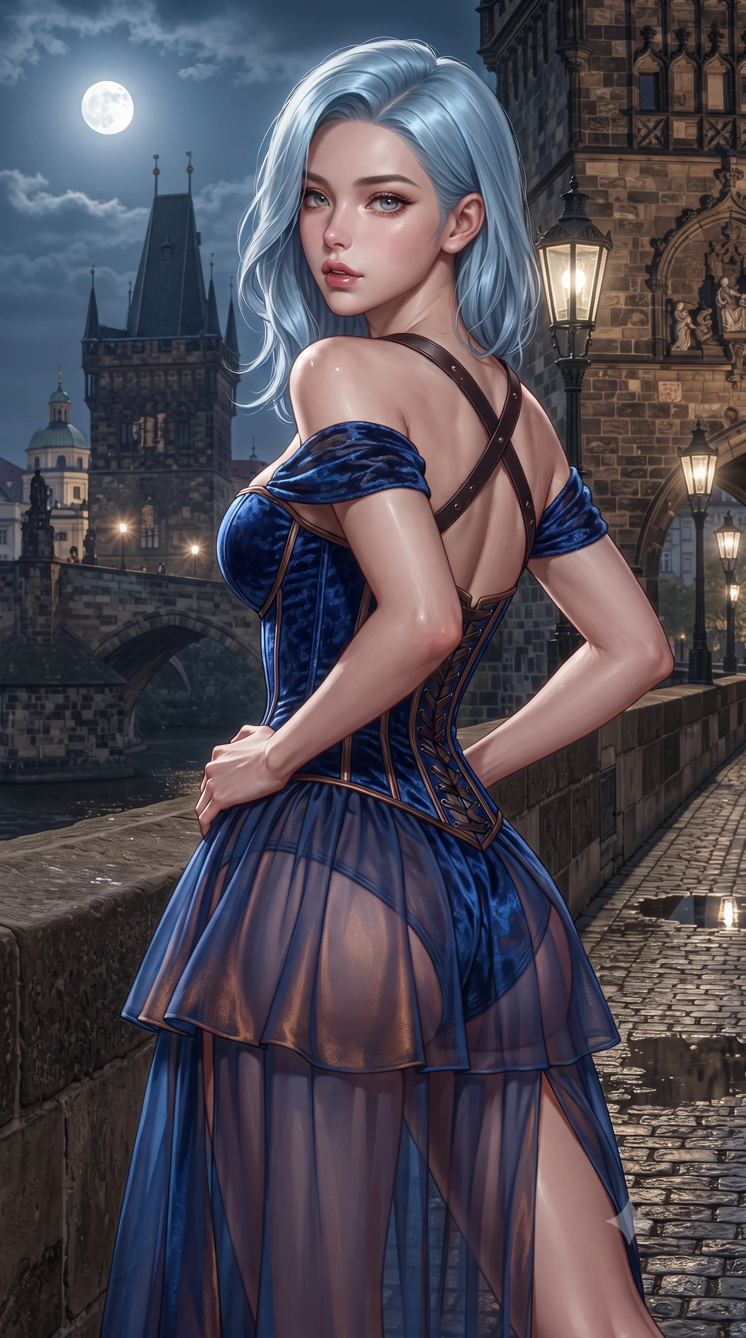 score_9, masterpiece, best quality, ultra-detailed, high-budget anime keyframe, editorial fashion photography, tasteful artistic composition, Korean woman. close-up cowboy shot from the waist and thighs up, the character dominates the composition, filling the frame with her large presence. posing in an alluring rear three-quarter angle, arching her lower back in a pronounced S-curve with one hand on her hip, glancing seductively over her bare shoulder with parted glossy lips while leaning against the weathered sandstone balustrade of a Gothic tower overlooking the moonlit Charles Bridge, hips cocked back in a seductive S-curve. The surrounding environment is rendered in vivid detail and crisp panoramic clarity. sharp weathered sandstone masonry grain, iron lantern brackets, and wet cobblestone reflections in deep focus. She has an exceptionally elegant, slender, and willowy female figure with an ultra-slim waist, flat toned midriff, narrow ribcage, and sculpted feminine hips creating an alluring, slim hourglass silhouette without bulk. sharp v-shaped jawline, high-bridge nose, intricate jewel-like eyes with depth, thick eyelashes, glossy parted lips with a natural sheen, intensely captivating and seductive bedroom-eyes expression, flawlessly proportioned anatomical accuracy, strict slender model proportions, natural body alignment, perfectly sculpted long slender limbs, ultra-slim waistline, clean dynamic posture without body distortion. wearing an off-shoulder French court corset bodice dress paired with a tiered translucent chiffon slit skirt in royal sapphire blue and liquid bronze, crafted from heavyweight crushed silk velvet with liquid vintage luster, featuring an open-back criss-cross harness strap in dark leather, the form-contouring material adhering flawlessly to her sculpted flat midriff and slender torso, emphasizing her long leg lines and perfectly proportioned willowy build. illuminated by crisp chiaroscuro rim lights defining her razor-sharp jawline, narrow waist, and curvy hips. ultra-reflective glossy finish, specular highlights, rich textural contrasts, high-contrast stereoscopic depth, volumetric dynamic lighting, 2k, ultra detail, master piece, 9:16 ratio