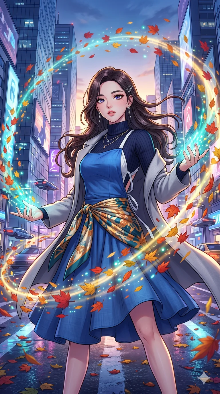 score_9, masterpiece, best quality, ultra-detailed, High-budget Anime Keyframe, beautiful Korean anime girl. Low angle cowboy shot filling the entire 9:16 frame with her overwhelming presence. Summoning a vortex of colorful leaves in a futuristic Tokyo street. She has an absolutely perfect 8-heads proportion, an exceptionally tall and slender female figure with impossibly long slender legs and an ultra-slim waist. Sharp v-shaped jawline, high-bridge nose, intricate jewel-like eyes with depth, thick eyelashes, glossy lips with a natural sheen. Wearing a Seasonal/Resort outfit: sapphire linen sundress with tie-back, high-cut one-piece with sarong, cashmere turtleneck with wrap coat. Background is a bright and colorful environment with cinematic lighting, dynamic particle effects, and high-contrast shadows. 2k, ultra detail, master piece, 9:16 ratio