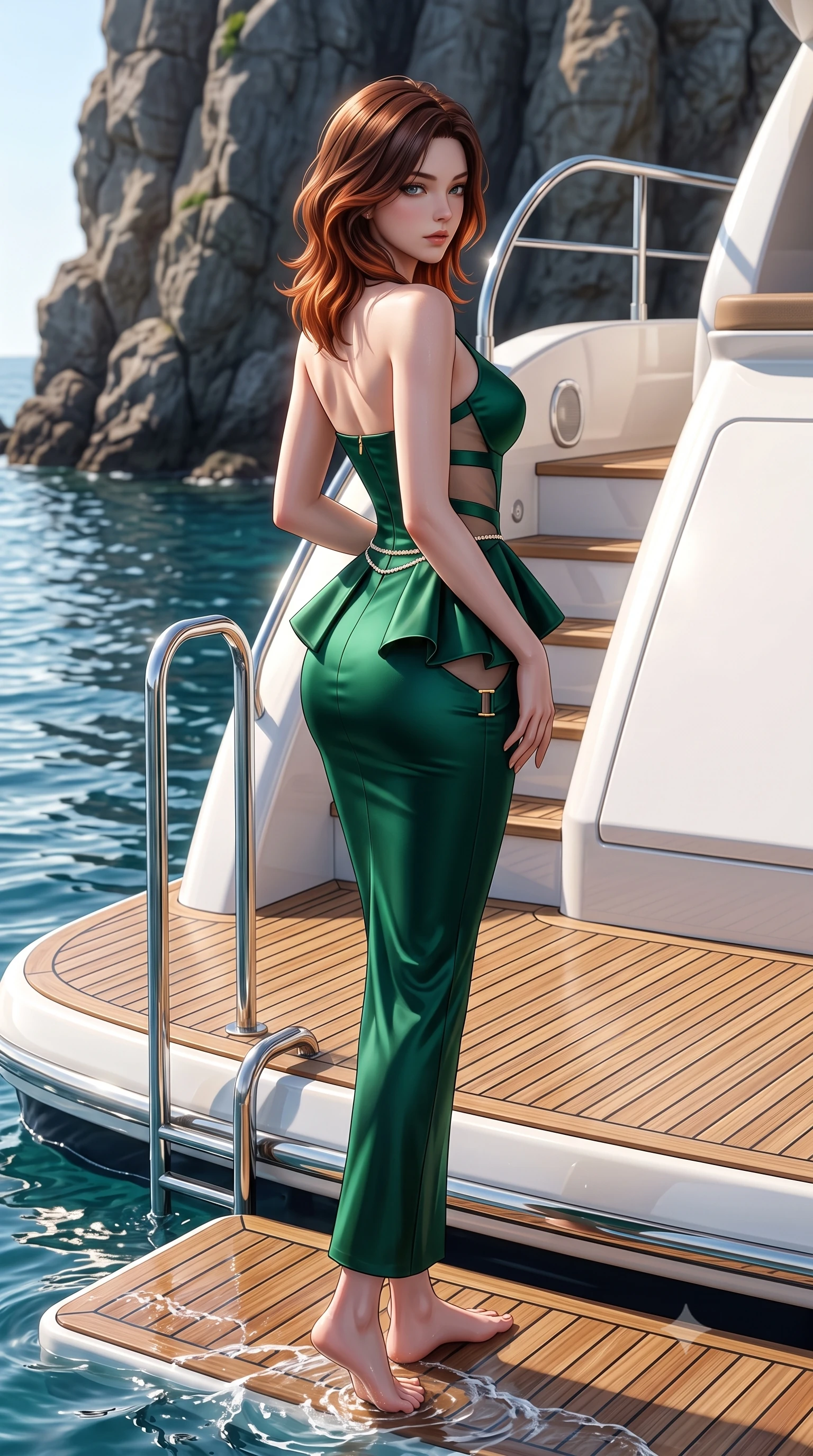score_9, masterpiece, best quality, ultra-detailed, high-budget anime keyframe, semi-realistic 3D game render, editorial fashion photography, tasteful artistic composition, Korean woman. low angle full-body shot from head to toe showing her feet, filling the entire 9:16 vertical frame with her statuesque presence, stretching her vertical silhouette. posing with back turned slightly to the lens, glancing back with smoldering allure as she arches her lower back to emphasize her sculpted feminine hips and slender waist while standing poised on the yacht swimming platform with water lapping at her feet, turning in an alluring dancer S-curve. The surrounding environment is rendered in vivid detail and crisp panoramic clarity. sharp teak wood caulking, polished chrome railing reflections, and sea stack rock texture in deep focus. She has an exceptionally tall and slender model-like 8.5-heads proportion, an ultra-slim waist, a flat toned midriff, narrow delicate ribcage, and beautifully sculpted feminine hips creating a graceful, slim hourglass silhouette without any bulky heaviness, with impossibly long slender legs. sharp v-shaped jawline, high-bridge nose, intricate jewel-like eyes with depth, thick eyelashes, glossy parted lips with a natural sheen, intensely captivating and seductive bedroom-eyes expression, flawlessly proportioned anatomical accuracy, strict slender model proportions, natural body alignment, perfectly sculpted long slender limbs, ultra-slim waistline, clean dynamic posture without body distortion. wearing a structural geometric peplum gown with sheer side-ribbon cutouts and form-fitting skirt in deep emerald green satin and gold hardware, tailored from water-resistant treated wool gabardine and flexible stretch silk, accented with a dainty diamond waist chain catching the ambient light reflections, the precision-cut side openings and low-back scoop framing her graceful spine and the sensual sweep of her slim, toned hips. illuminated by intense specular sea surface reflections carving her razor-sharp jawline, narrow waist, and curvy hips. highly saturated vibrant anime colors, detailed shading with soft gradients, rich glossy textures, high-contrast stereoscopic depth, volumetric dynamic lighting, master piece, 9:16 ratio