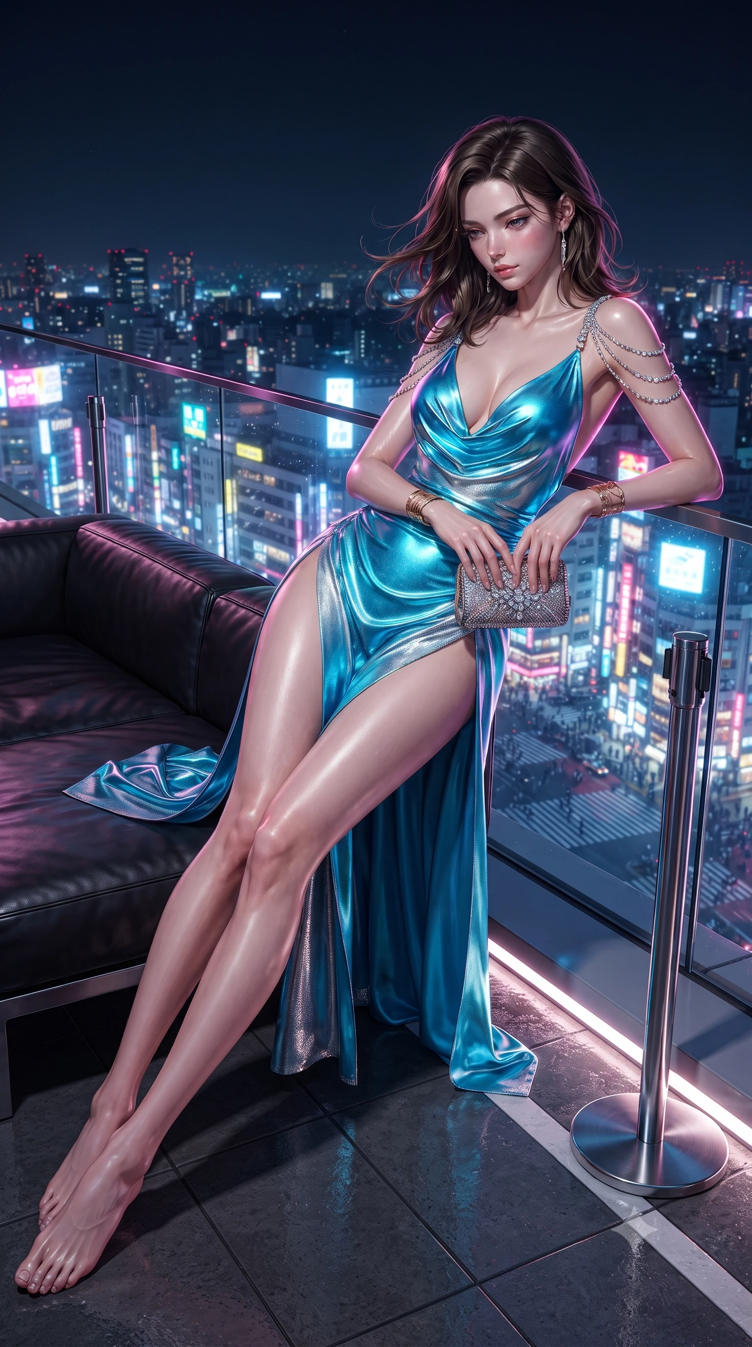 score_9, masterpiece, best quality, ultra-detailed, high-budget anime keyframe, editorial fashion photography, tasteful artistic composition, Korean woman. low angle full-body shot from head to toe showing her feet, filling the entire 9:16 vertical frame with her statuesque presence, stretching her vertical silhouette. reclining gracefully across the plush chaise lounge with one leg extended, her sculpted silhouette and flat midriff radiating magnetic nocturnal glamour while leaning against the clear infinity glass balustrade with hips cocked back, looking down at the pulsing neon scramble crossing with smoldering eyes. The surrounding environment is rendered in vivid detail and crisp panoramic clarity: sharp glass balustrade joint seams, stainless steel safety stanchions, and helipad boundary markings in deep focus. She has an exceptionally tall and slender model-like 8.5-heads proportion, an ultra-slim waist, a flat toned midriff, narrow delicate ribcage, and beautifully sculpted feminine hips creating a graceful, slim hourglass silhouette without any bulky heaviness, with impossibly long slender legs. sharp v-shaped jawline, high-bridge nose, intricate jewel-like sparkling eyes with depth, thick eyelashes, glossy parted lips with a natural peach sheen, bright cheerful beaming smile with an enchanting and coquettish sensual glint, exuding both youthful cute charm and seductive allure, flawlessly proportioned anatomical accuracy, strict slender model proportions, natural body alignment, perfectly sculpted long slender limbs, ultra-slim waistline, clean dynamic posture without body distortion. wearing a plunging cowl-neck liquid satin resort gown with dramatic hip-high side slits and crystal shoulder cords in Shibuya electric cyan and chrome silver, woven from buttery-soft stretch lambskin leather adhering to her body like a second skin, accented with delicate golden wrist cuffs reflecting warm chandelier light, the high-slit wrap tailoring accentuating her ultra-slim waistline and the enchanting curve of her feminine hips with alluring seductive charm. illuminated by rooftop edge LED strip lights and crisp platinum-magenta rim lights sculpting her jawline, flat midriff, and curvy hips. ultra-reflective glossy finish, specular highlights, rich textural contrasts, high-contrast stereoscopic depth, volumetric dynamic lighting, 2k, ultra detail, master piece, 9:16 ratio