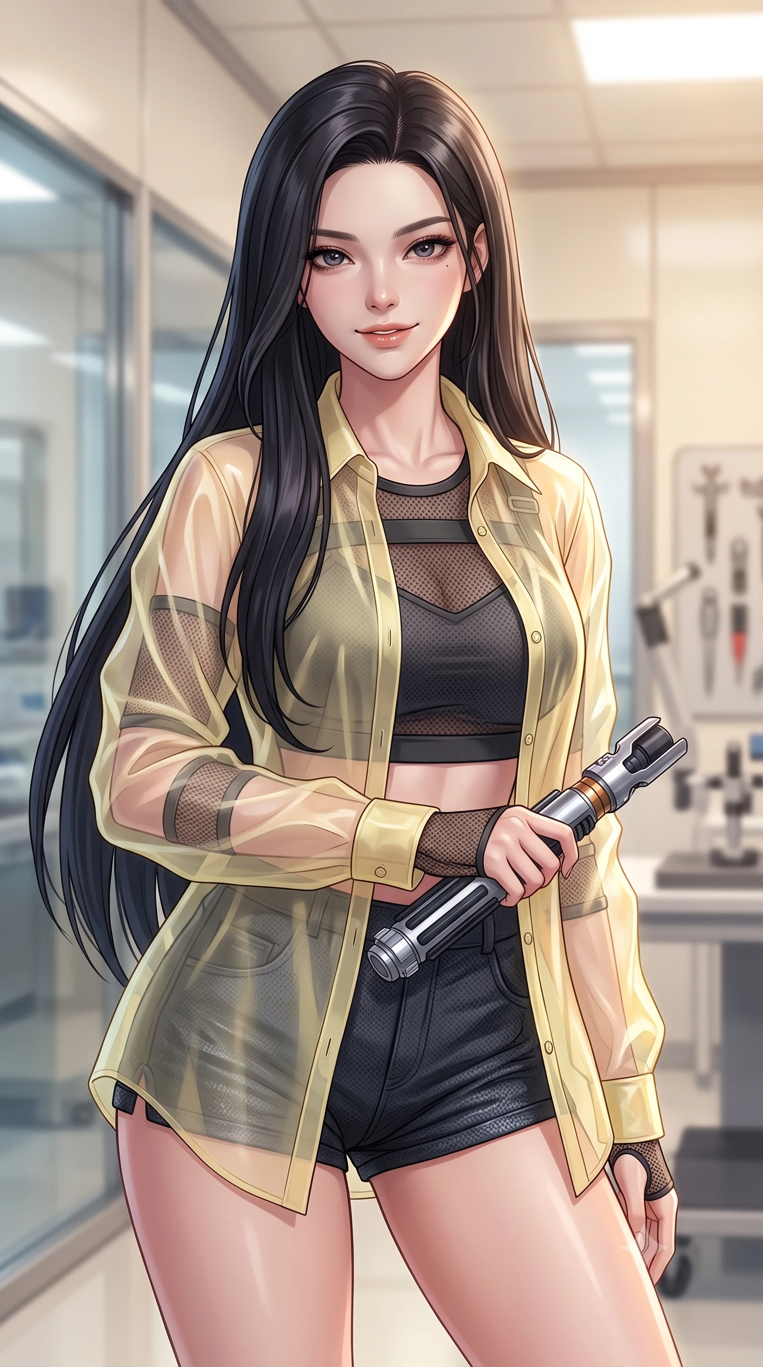 score_9, masterpiece, best quality, ultra-detailed, high-budget anime keyframe, editorial fashion photography, tasteful artistic composition, Korean woman. close-up cowboy shot from the waist and thighs up, the character dominates the composition, filling the frame with her large presence, background elements kept in soft focus. leaning slightly forward with a playful, teasing smile while holding a deactivated plasma saber hilt, the background shows a soft-focus a nanotech cleanroom with clean composite panels, glass windows, and tools. She has an exceptionally elegant, slender, and willowy female figure with an ultra-slim waist, a gracefully sculpted slender torso, and a refined silhouette. sharp v-shaped jawline, high-bridge nose, intricate jewel-like eyes with depth, thick eyelashes, glossy lips with a natural sheen. wearing a slim-fit sheer organza combat shirt in pale yellow, worn open over a carbon-mesh crop top and micro-shorts. crisp, highly-diffused daylight creating a high-key clean glow in the space. highly saturated vibrant anime colors, detailed shading with soft gradients, rich glossy textures, high-contrast stereoscopic depth, volumetric dynamic lighting, master piece, 9:16 ratio