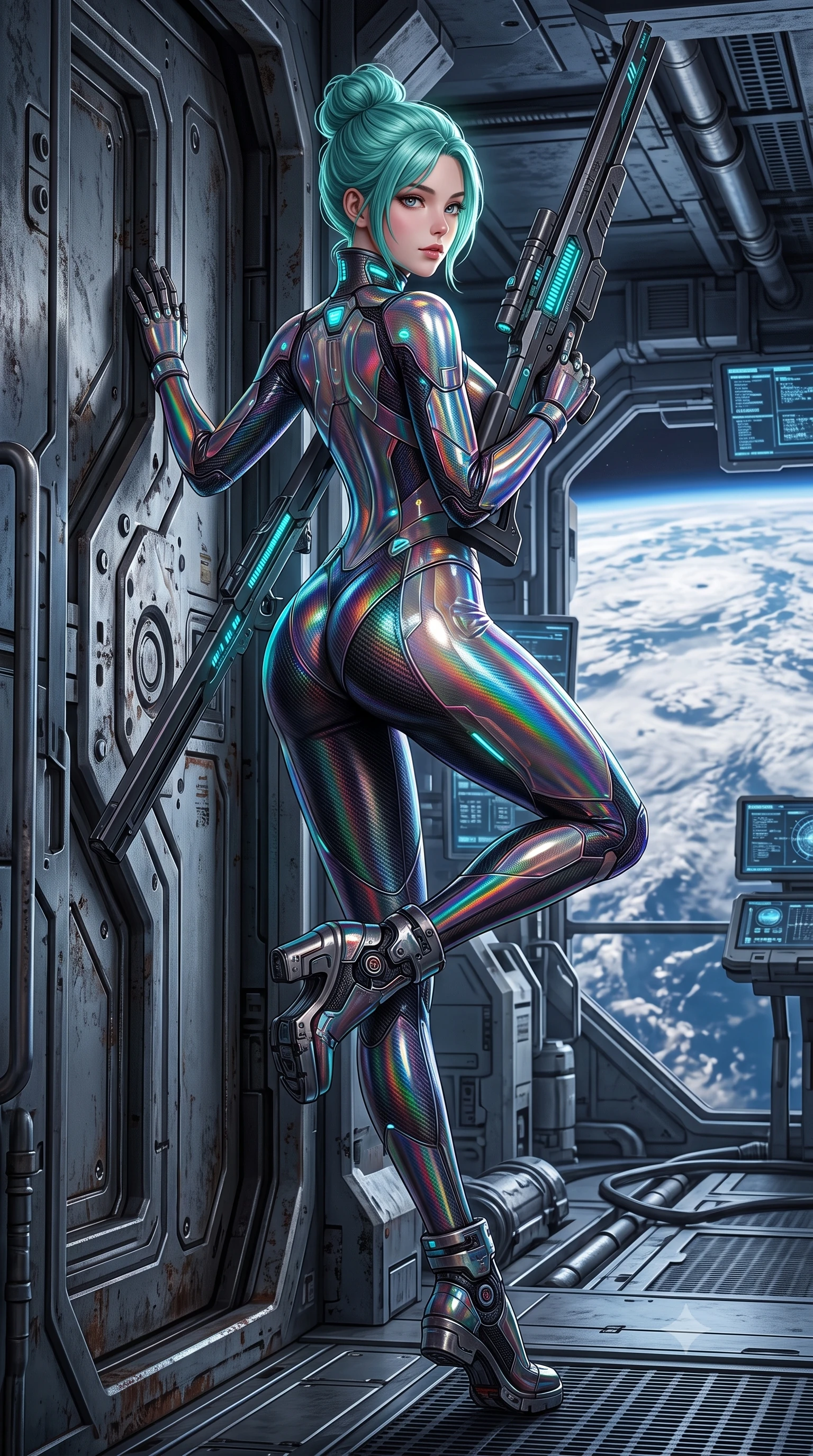 score_9, masterpiece, best quality, ultra-detailed, high-budget anime keyframe, semi-realistic 3D game render, editorial fashion photography, tasteful artistic composition, Japanese woman. low angle full-body shot from head to toe showing her feet, filling the entire 9:16 vertical frame with her statuesque presence, stretching her vertical silhouette. pivoting dynamically in mid-motion with a breathtakingly alluring posture, displaying her flawless model proportions, toned flat midriff, and ultra-slim waist while leaning against a heavy titanium blast door with her slender railgun rested against her shoulder with divine confidence. The surrounding environment is rendered in vivid detail and crisp panoramic clarity. detailed magnetic boot clamp seams, Earth's atmospheric cloud patterns, and titanium gantry in high clarity. She has an absolutely perfect, statuesque 8.5-heads proportion, an exceptionally tall and slender model-like female figure with impossibly long slender legs, a toned flat midriff, and an ultra-slim waist. sharp v-shaped jawline, high-bridge nose, intricate jewel-like eyes with depth, thick eyelashes, glossy lips with a natural sheen, flawlessly proportioned anatomical accuracy, strict slender model proportions, natural body alignment, perfectly sculpted long slender limbs, ultra-slim waistline, clean dynamic posture without body distortion. wearing a high-gloss iridescent rainbow carbon-weave bodysuit with translucent cybernetic panels, brandishing dual sleek chrome particle beam pistols in a dynamic combat stance in matte obsidian carbon black with electric cyan conduits, tailored from flexible second-skin carbon-mesh that clings flawlessly to her athletic curves, featuring a sleek aerodynamic collar framed by subtle glowing cybernetic status LEDs, the liquid-tight tailored fabric emphasizing every curve of her tall, slender model proportions and sculptured silhouette during dynamic movement. illuminated by glowing cyan rifle charging lights and sharp specular highlights tracing her slender curves. rich saturated anime colors with glowing neon highlights, detailed shading with soft gradients, rich glossy textures, high-contrast stereoscopic depth, volumetric dynamic lighting, master piece, 9:16 ratio