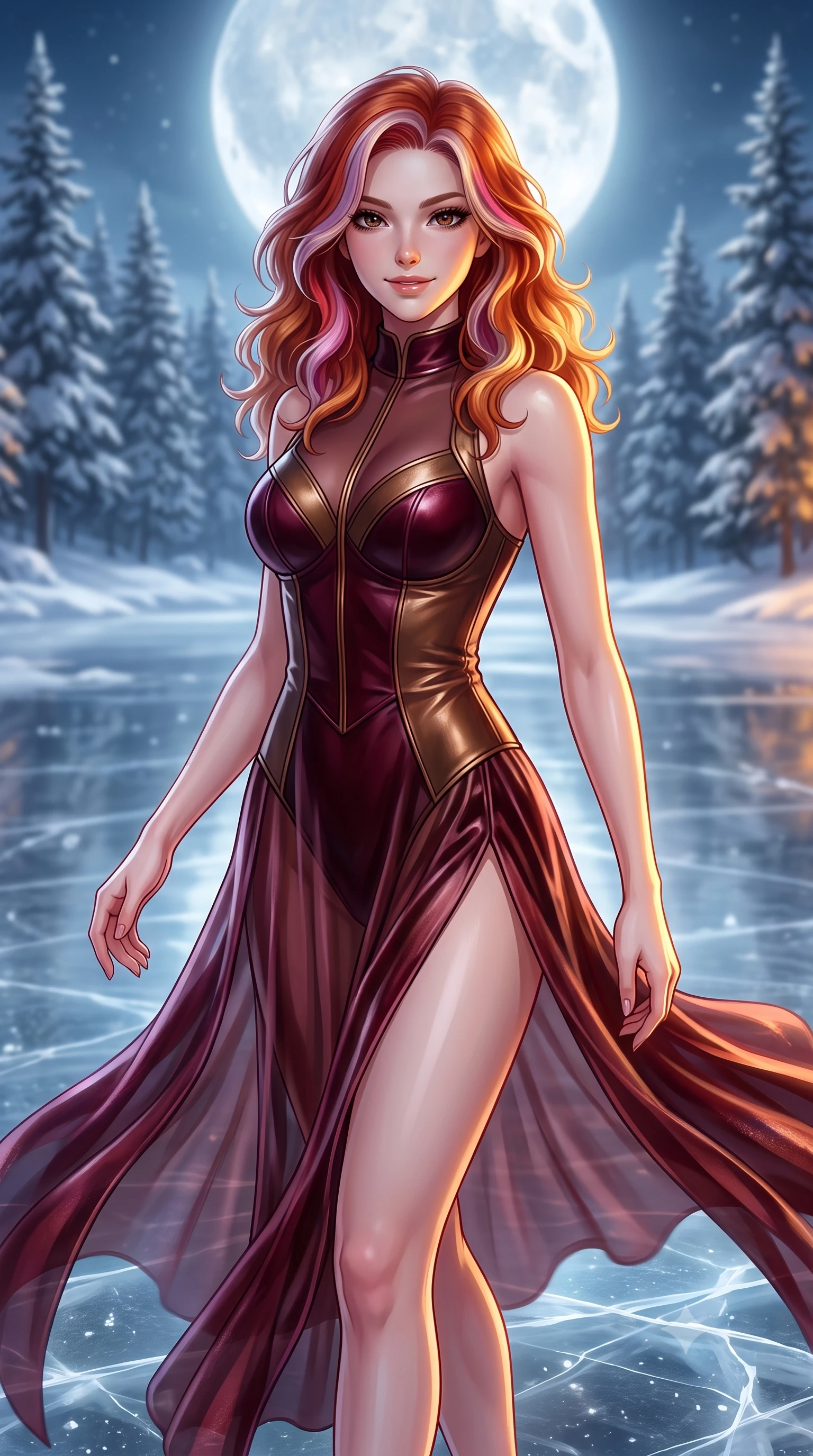 score_9, masterpiece, best quality, ultra-detailed, high-budget anime keyframe, editorial fashion photography, tasteful artistic composition, Caucasian woman. close-up cowboy shot from the waist and thighs up, the character dominates the composition, filling the frame with her large presence, background elements kept in soft focus. Smiling with quiet, magnetic self-assurance directly into the lens gliding over a frozen mirror lake surrounded by snow-covered pine trees under a full moon, warm golden firelight clashing dramatically with cool silver moonbeams. She has an exceptionally elegant, slender, and willowy female figure with an ultra-slim waist, a gracefully sculpted slender torso, and a refined silhouette. sharp v-shaped jawline, high-bridge nose, intricate jewel-like eyes with depth, thick eyelashes, glossy lips with a natural sheen. wearing a semi-opaque sheer overlay dress over a leather micro-bodysuit in deep burgundy and bronze, made of premium stretch velvet with a rich sheen, finished with a sleek side slit ascending to mid-thigh, the tailored fabric tightly following every curve of her athletic build. bathed in brilliant cold silver moonlight and crisp sapphire ambient glow. highly saturated vibrant anime colors, detailed shading with soft gradients, rich glossy textures, high-contrast stereoscopic depth, volumetric dynamic lighting, master piece, 9:16 ratio