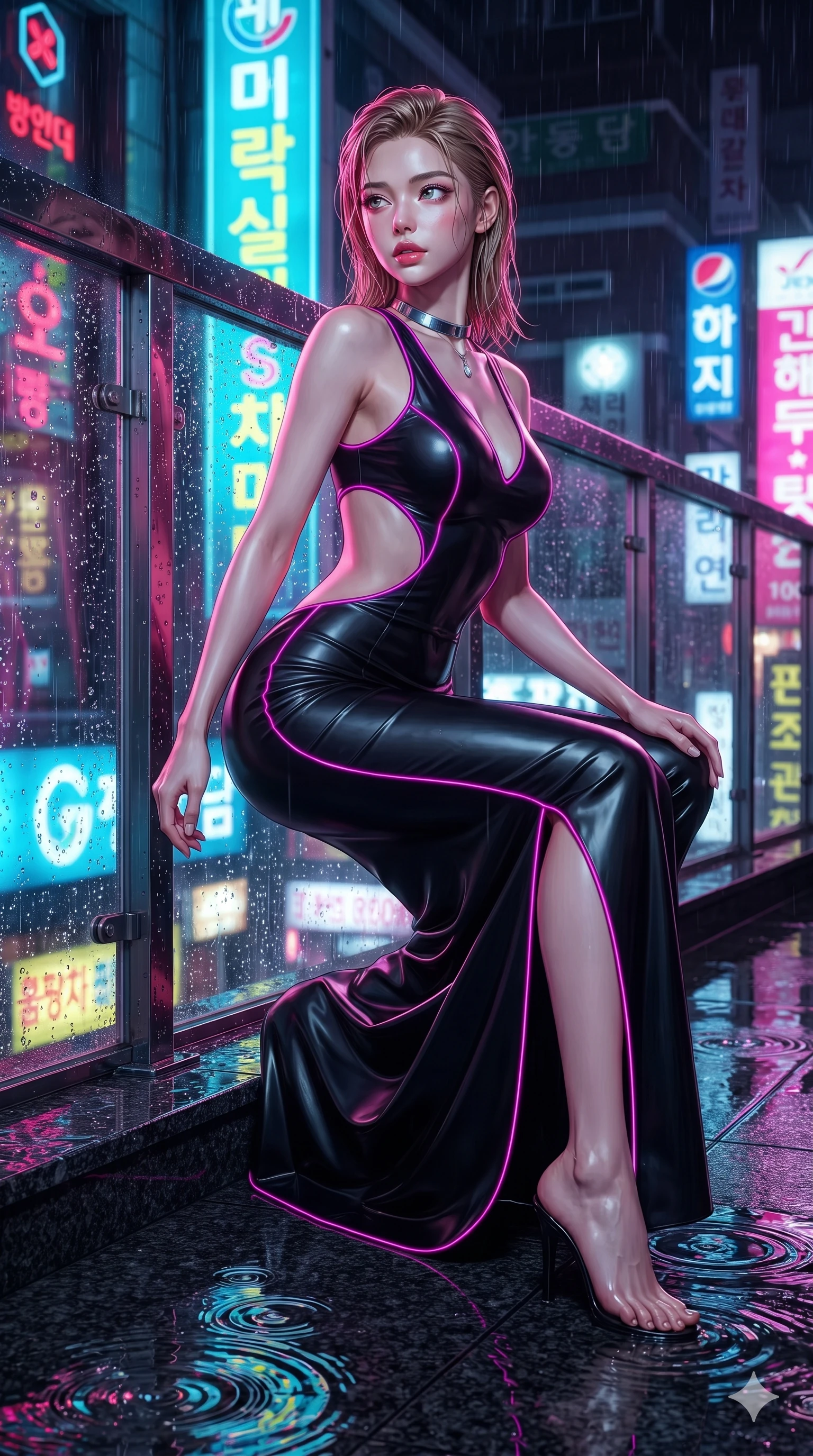 score_9, masterpiece, best quality, ultra-detailed, high-budget anime keyframe, editorial fashion photography, tasteful artistic composition, Korean woman. low angle full-body shot from head to toe showing her feet, filling the entire 9:16 vertical frame with her statuesque presence, stretching her vertical silhouette. stepping forward in a confident stride, her long slender legs and curvaceous hips creating a dynamic, sweeping vertical line while crouching gracefully on the rain-slicked balcony deck, glancing back with smoldering bedroom-eyes as neon reflections wash over her dress. The surrounding environment is rendered in vivid detail and crisp panoramic clarity: sharp water puddle reflection ripples on black granite tiles, crisp raindrop speculars on glass, and neon tube glass details in deep focus. She has an exceptionally tall and slender model-like 8.5-heads proportion, an ultra-slim waist, a flat toned midriff, narrow delicate ribcage, and beautifully sculpted feminine hips creating a graceful, slim hourglass silhouette without any bulky heaviness, with impossibly long slender legs. sharp v-shaped jawline, high-bridge nose, intricate jewel-like sparkling eyes with depth, thick eyelashes, glossy parted lips with a natural sheen, intensely captivating and seductive bedroom-eyes expression, exuding both youthful cute charm and sovereign luxury allure, flawlessly proportioned anatomical accuracy, strict slender model proportions, natural body alignment, perfectly sculpted long slender limbs, ultra-slim waistline, clean dynamic posture without body distortion. wearing a sculptured liquid-satin mermaid gown with an architectural open-waist cutout and bare spine in black lacquer and vibrant magenta neon, tailored from heavy double-faced silk georgette with an exceptionally fluid drape, finished with a minimalist chrome choker and a single teardrop diamond pendant, the form-contouring material adhering flawlessly to her sculpted flat midriff and slender torso, emphasizing her long leg lines and perfectly proportioned willowy build. bathed in the intense, high-saturation glow of multi-colored neon signage reflecting off wet surfaces. ultra-reflective glossy finish, specular highlights, rich textural contrasts, high-contrast stereoscopic depth, volumetric dynamic lighting, 2k, ultra detail, master piece, 9:16 ratio