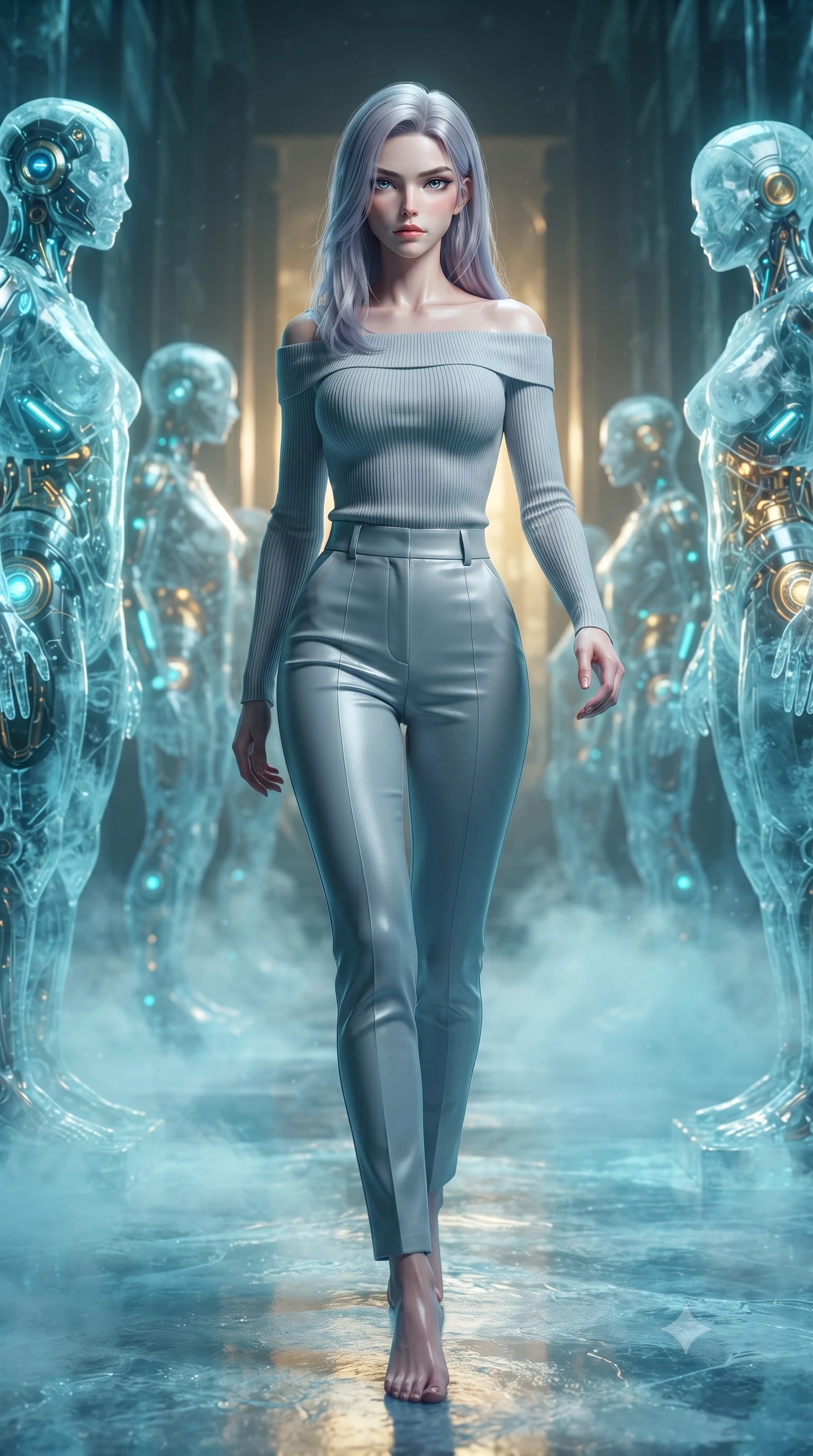 score_9, masterpiece, best quality, ultra-detailed, high-budget anime keyframe, editorial fashion photography, tasteful artistic composition, Caucasian woman. low angle full-body shot from head to toe showing her feet, filling the entire 9:16 vertical frame with her statuesque presence, stretching her vertical silhouette. forging dynamically through the scene, her vertical silhouette beautifully stretched navigating a hall of frozen sculptures containing glowing cybernetic components, sub-zero mist drifting across the reflective ice floor. She has an absolutely perfect, statuesque 8.5-heads proportion, an exceptionally tall and slender model-like female figure with impossibly long slender legs and an ultra-slim waist. sharp v-shaped jawline, high-bridge nose, intricate jewel-like eyes with depth, thick eyelashes, glossy lips with a natural sheen. wearing a sleek off-shoulder ribbed cashmere knit top paired with high-waist tailored pants, the tailored fabric tightly following every curve of her athletic build. lit by a dramatic clash of icy cyan neon and warm golden internal core light. highly saturated vibrant anime colors, detailed shading with soft gradients, rich glossy textures, high-contrast stereoscopic depth, volumetric dynamic lighting, master piece, 9:16 ratio