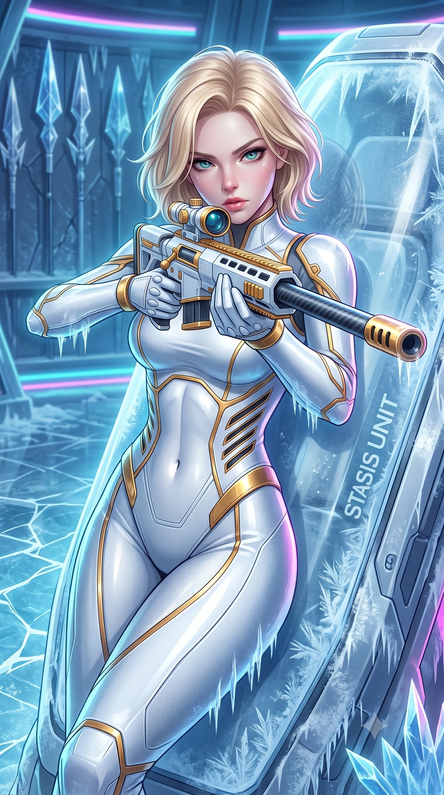score_9, masterpiece, best quality, ultra-detailed, high-budget anime keyframe, semi-realistic 3D game render, editorial fashion photography, tasteful artistic composition, Caucasian woman. close-up cowboy shot from the waist and thighs up, the character dominates the composition, filling the frame with her large presence. looking into the camera lens with intense, captivating depth, softly parted glossy lips and thick eyelashes framing her fierce battle-ready gaze while resting against a frozen stasis pod with the spear grounded, casting a cool, smoldering gaze through ice-crystal mist. The surrounding environment is rendered in vivid detail and crisp panoramic clarity. intricate crystalline spearhead facets, razor-sharp frost patterns on armor, and cracked ice on floor in deep focus. She has an exceptionally elegant, slender, and willowy female figure with an ultra-slim waist, a gracefully sculpted slender torso, toned flat midriff, and a refined slim silhouette. sharp v-shaped jawline, high-bridge nose, intricate jewel-like eyes with depth, thick eyelashes, glossy lips with a natural sheen, flawlessly proportioned anatomical accuracy, strict slender model proportions, natural body alignment, perfectly sculpted long slender limbs, ultra-slim waistline, clean dynamic posture without body distortion. wearing a form-contouring arctic white carbon-composite battle-suit with solar gold trim and diagonal midriff vents, aiming a precision carbon-fiber railgun sniper rifle with divine focus in arctic white carbon composite with radiant solar gold plating, tailored from flexible second-skin carbon-mesh that clings flawlessly to her athletic curves, featuring a sleek aerodynamic collar framed by subtle glowing cybernetic status LEDs, the form-contouring material adhering flawlessly to her sculpted flat midriff and slender torso, emphasizing her long leg lines and perfectly proportioned willowy build. illuminated by crisp specular ice refractions outlining her ultra-slim waist, long legs, and flat midriff. rich saturated anime colors with glowing neon highlights, detailed shading with soft gradients, rich glossy textures, high-contrast stereoscopic depth, volumetric dynamic lighting, master piece, 9:16 ratio