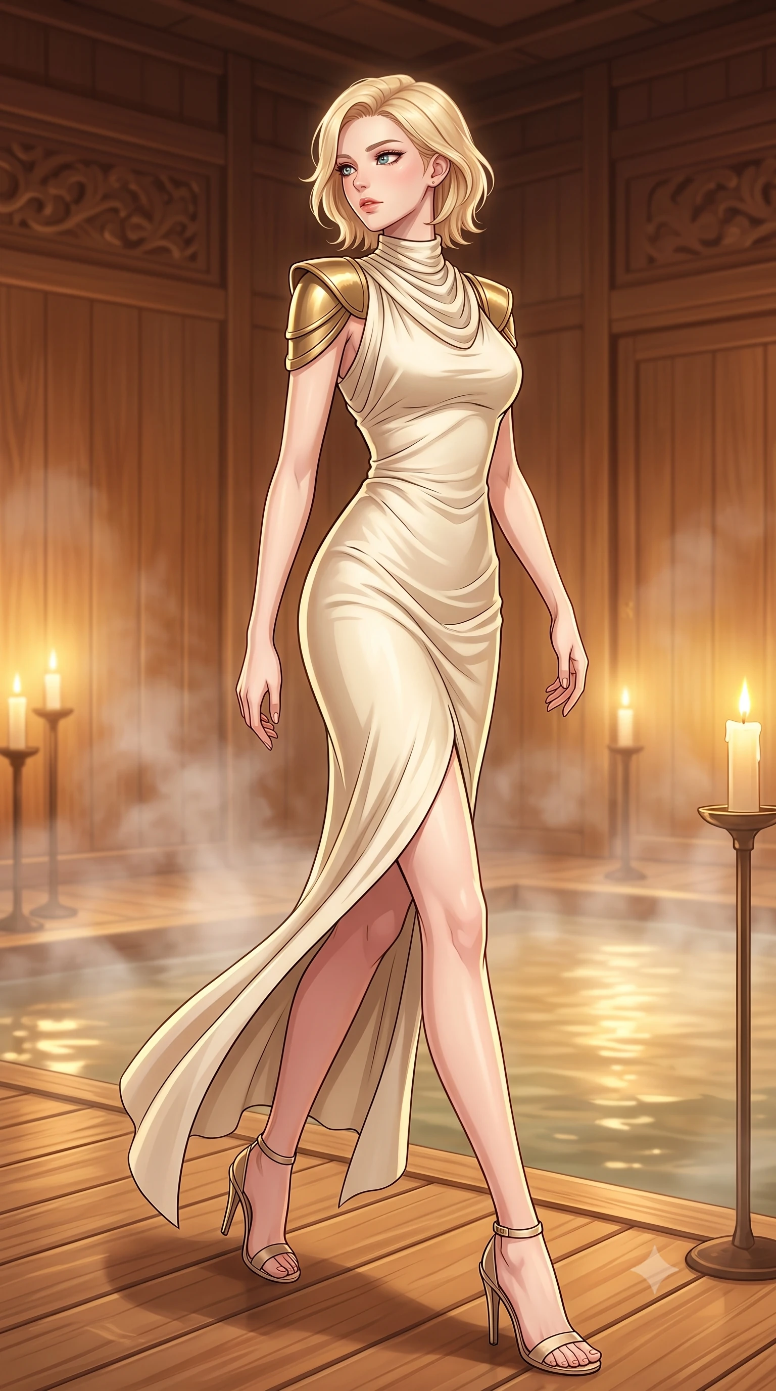 score_9, masterpiece, best quality, ultra-detailed, high-budget anime keyframe, tasteful artistic composition, Caucasian woman. low angle full-body shot from head to toe showing her feet, filling the entire 9:16 vertical frame with her statuesque presence, stretching her vertical silhouette. stepping gracefully while looking back over her shoulder, her dress draped tightly to reveal her silhouette the background shows a soft-focus an intimate traditional bath chamber built of cypress wood (hinoki) with rising steam. She has an absolutely perfect, statuesque 8.5-heads proportion, an exceptionally tall and slender model-like female figure with impossibly long slender legs and an ultra-slim waist. sharp v-shaped jawline, high-bridge nose, intricate jewel-like eyes with depth, thick eyelashes, glossy lips with a natural sheen. wearing a slim-fit elegant galactic senate gown in cream cashmere, featuring structured metallic gold shoulder guards and a high-neck drape. warm candle stands casting a soft golden glow onto the water surface. highly saturated vibrant anime colors, cel-shading, 2d style, master piece, 9:16 ratio