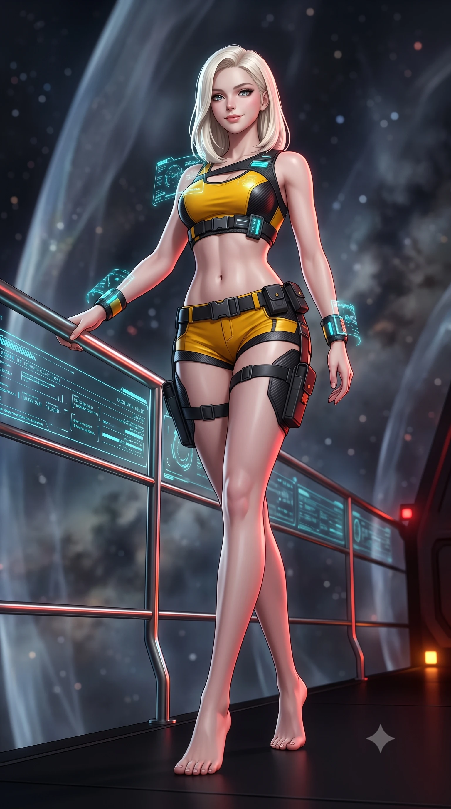score_9, masterpiece, best quality, ultra-detailed, high-budget anime keyframe, semi-realistic 3D game render, editorial fashion photography, tasteful artistic composition, Caucasian woman. low angle full-body shot from head to toe showing her feet, filling the entire 9:16 vertical frame with her statuesque presence, stretching her vertical silhouette. standing in a tall, confident posture with one hand on a glowing metal railing, stretching her statuesque body as she arches her lower back to emphasize her sculpted feminine hips and slender waist while walking silently across the radar-absorbent matte black deck, arching her back with sovereign covert-ops grace. The background shows a soft-focus translucent shimmering cloaking field boundaries and distant nebula clouds blurred into smoky charcoal, indigo, and starlight bokeh. She has an absolutely perfect, statuesque 8.5-heads proportion, an exceptionally tall and slender model-like female figure with impossibly long slender legs, an ultra-slim waist, a flat toned midriff, narrow delicate ribcage, and beautifully sculpted feminine hips creating a graceful, slim hourglass silhouette without any bulky heaviness. sharp v-shaped jawline, high-bridge nose, intricate jewel-like sparkling eyes with depth, thick eyelashes, glossy parted lips with a natural sheen, bright confident smile with an enchanting and coquettish sensual glint, exuding both youthful magnetic charm and sovereign high-tech allure, flawlessly proportioned anatomical accuracy, strict slender model proportions, natural body alignment, perfectly sculpted long slender limbs, ultra-slim waistline, clean dynamic posture without body distortion. wearing a high-tech mechanic crop top with asymmetric shoulder straps paired with ultra-fitted tactical hot-pants and thigh holsters in industrial hazard yellow and matte carbon black, crafted from lightweight aerodynamic matte carbon-fiber weave with structural stiffness, featuring sleek glowing cyan HUD display wrist cuffs with floating data telemetry, the form-contouring cut accentuating her sculpted flat midriff, narrow delicate ribcage, and gracefully curvy hips with cybernetic supermodel precision. bathed in low-key red and dim amber tactical lighting contrasting with cold starlight. highly saturated vibrant anime colors, detailed shading with soft gradients, rich glossy textures, high-contrast stereoscopic depth, volumetric dynamic lighting, master piece, 9:16 ratio