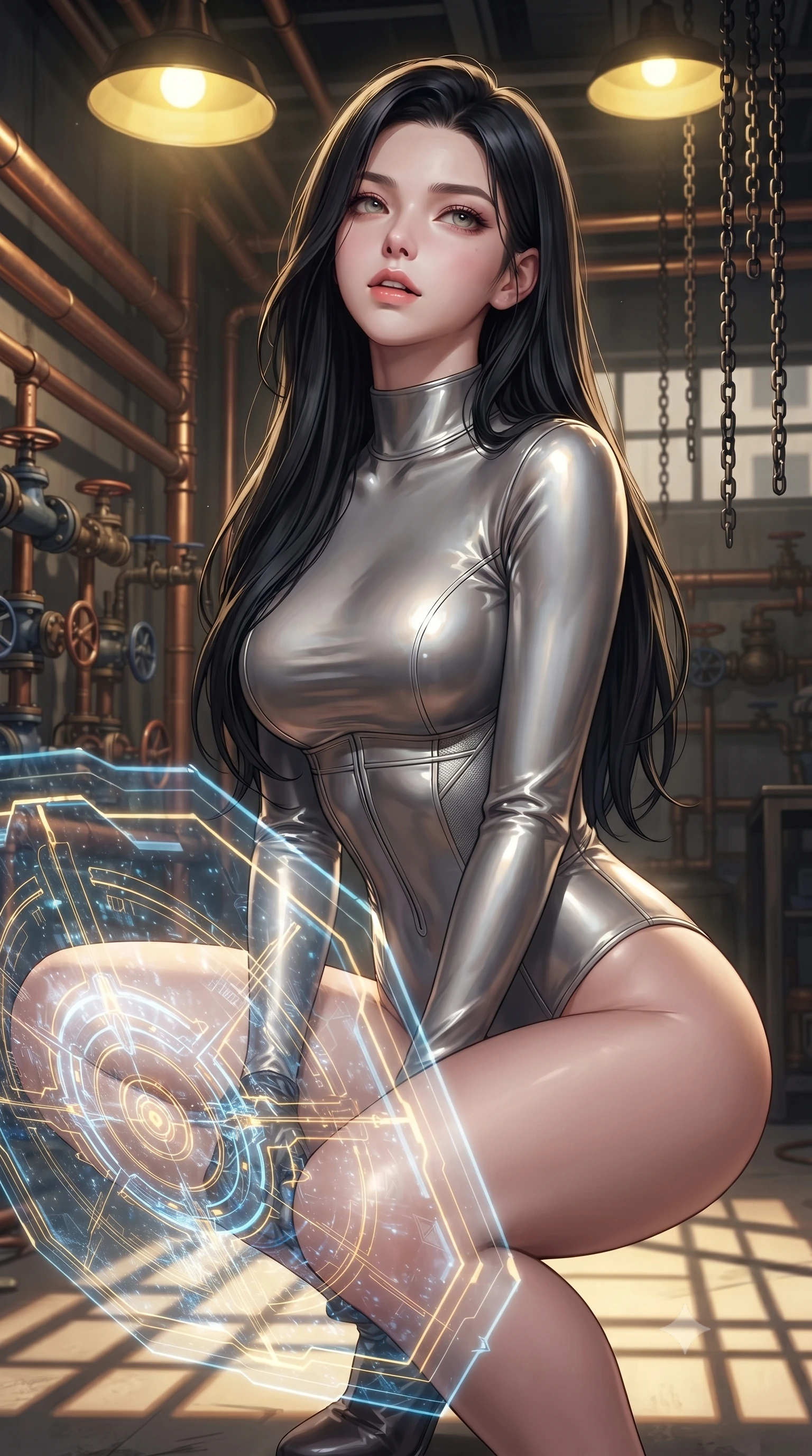 score_9, masterpiece, best quality, ultra-detailed, high-budget anime keyframe, editorial fashion photography, tasteful artistic composition, Korean woman. close-up cowboy shot from the waist and thighs up, the character dominates the composition, filling the frame with her large presence, background elements kept in soft focus. crouching slightly behind a glowing holographic shield emitter, looking up with defiance and lips slightly parted, the background shows a soft-focus a copper pipe warehouse with racks of industrial valves and iron chains. She has an exceptionally elegant, slender, and willowy female figure with an ultra-slim waist, a gracefully sculpted slender torso, and a refined silhouette. sharp v-shaped jawline, high-bridge nose, intricate jewel-like eyes with depth, thick eyelashes, glossy lips with a natural sheen. wearing a slim-fit body-hugging titanium-sheen mock-neck bodysuit, featuring elastic compression panels at the waist. harsh yellow overhead lamps casting long structured frame shadows on the floor. ultra-reflective glossy finish, specular highlights, metallic sheen, high-contrast stereoscopic depth, volumetric dynamic lighting, 2k, ultra detail, master piece, 9:16 ratio