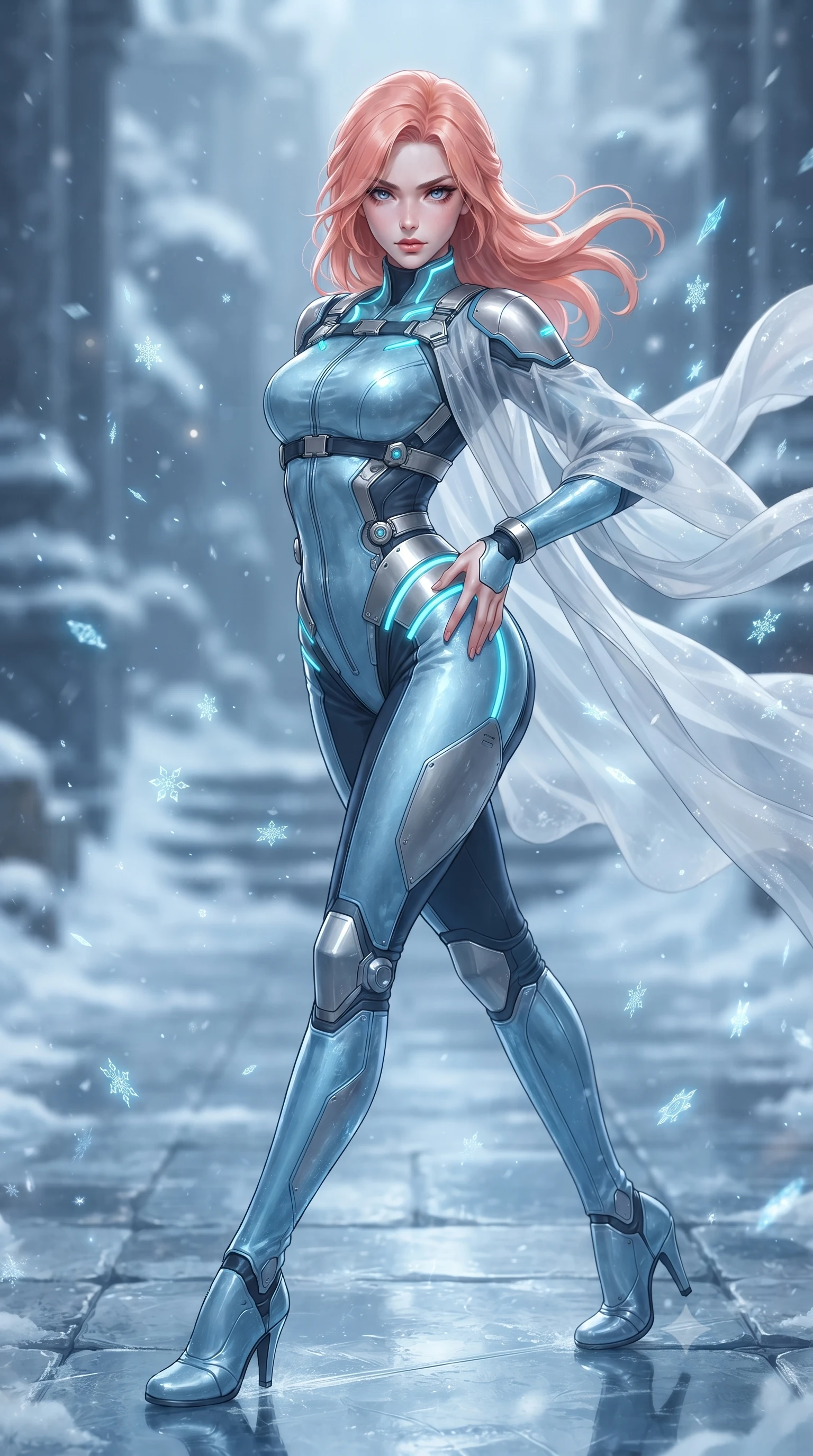 score_9, masterpiece, best quality, ultra-detailed, high-budget anime keyframe, editorial fashion photography, tasteful artistic composition, Japanese woman. close-up cowboy shot from the waist and thighs up, the character dominates the composition, filling the frame with her large presence. arching her spine backward with effortless dancer poise, one hand sliding along her hip line as directional light carves specular highlights along her silhouette while striding across the reflective frozen stone temple floor, hips swaying in an alluring rhythm as gale-force winds whip her silk drapery. The composition keeps background elements in soft focus with creamy bokeh. drifting frost crystal flakes and holographic rune glyphs scattering radiant celestial light motes. She has an exceptionally elegant, slender, and willowy female figure with an ultra-slim waist, a gracefully sculpted slender torso, toned flat midriff, and rounded feminine hips creating an alluring hourglass silhouette. sharp v-shaped jawline, high-bridge nose, intricate jewel-like eyes with depth, thick eyelashes, glossy parted lips with a natural sheen, intensely captivating and seductive bedroom-eyes expression, flawlessly proportioned anatomical accuracy, strict slender model proportions, natural body alignment, perfectly sculpted long slender limbs, ultra-slim waistline, clean dynamic posture without body distortion. wearing a high-tech surveillance operative suit with flexible titanium joints and waist-cinching harness in ice crystal blue and brushed platinum, crafted from flexible ballistic matte leather and aerodynamic stretch neoprene, accented with glowing cyan LED circuit lines tracing her hip bones and collarbones, the form-contouring material adhering flawlessly to her sculpted flat midriff and slender torso, emphasizing her long leg lines and perfectly proportioned willowy build. illuminated by crisp metallic specular reflections sharply defining her sculpted waist, bare spine, and curvy hips. ultra-reflective glossy finish, specular highlights, rich textural contrasts, high-contrast stereoscopic depth, volumetric dynamic lighting, 2k, ultra detail, master piece, 9:16 ratio
