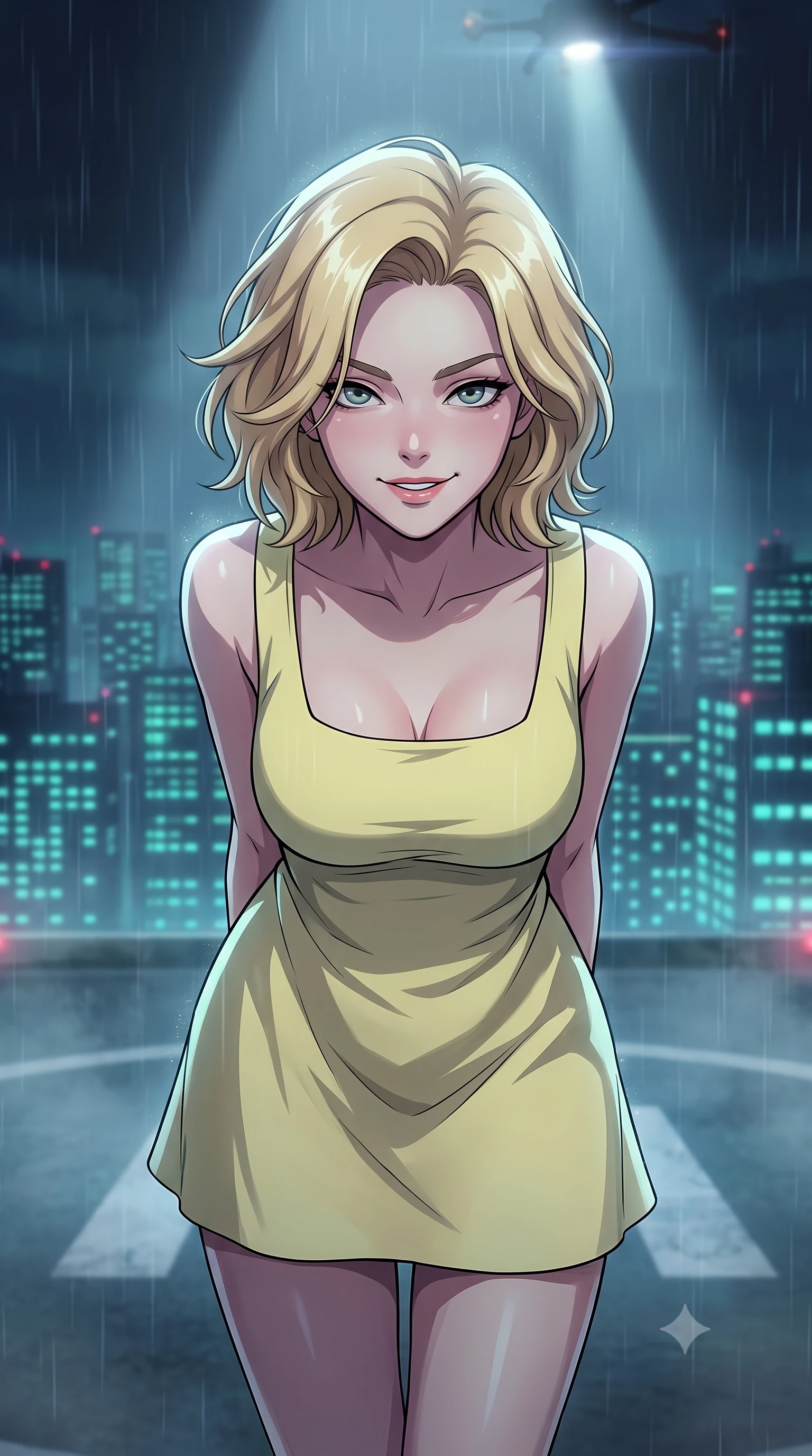 score_9, masterpiece, best quality, ultra-detailed, high-budget anime keyframe, tasteful artistic composition, Caucasian woman. close-up cowboy shot from the waist and thighs up, the character dominates the composition, filling the frame with her large presence, background elements kept in soft focus. leaning slightly forward with a playful, teasing smile, her gaze locked onto the viewer the background shows a soft-focus a misty rooftop helipad overlooking a neon-grid skyline during a midnight drizzle. She has an exceptionally elegant, slender, and willowy female figure with an ultra-slim waist, a gracefully sculpted slender torso, and a refined silhouette. sharp v-shaped jawline, high-bridge nose, intricate jewel-like eyes with depth, thick eyelashes, glossy lips with a natural sheen. wearing a slim-fit casual summer sundress in pale yellow cotton with a simple square neckline. volumetric spotlight from a hovering search drone casting dramatic shadows. highly saturated vibrant anime colors, cel-shading, 2d style, master piece, 9:16 ratio