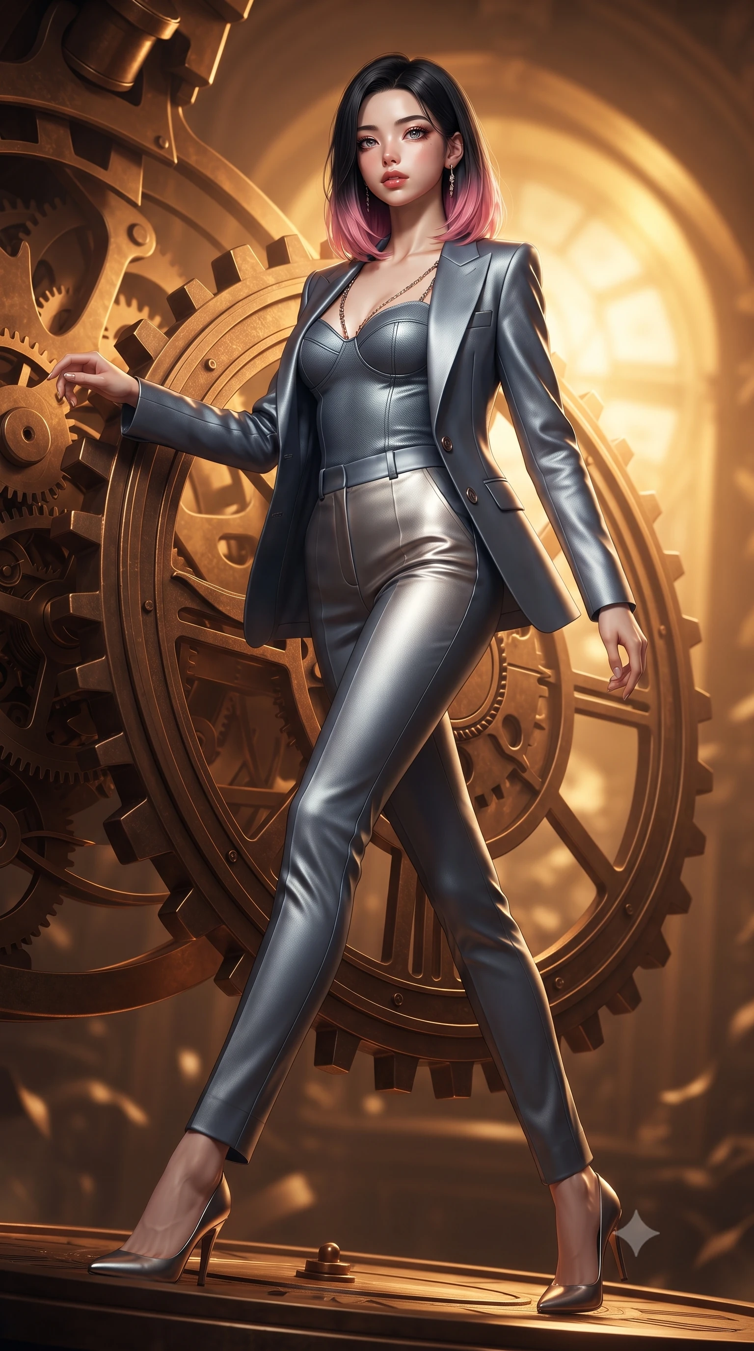 score_9, masterpiece, best quality, ultra-detailed, high-budget anime keyframe, editorial fashion photography, tasteful artistic composition, Korean woman. low angle full-body shot from head to toe showing her feet, filling the entire 9:16 vertical frame with her statuesque presence, stretching her vertical silhouette. forging dynamically through the scene, her vertical silhouette beautifully stretched resting against a floating bronze time gear in a warm golden dimension, warm antique paper and bronze textures bathed in rich chiaroscuro. She has an absolutely perfect, statuesque 8.5-heads proportion, an exceptionally tall and slender model-like female figure with impossibly long slender legs and an ultra-slim waist. sharp v-shaped jawline, high-bridge nose, intricate jewel-like eyes with depth, thick eyelashes, glossy lips with a natural sheen. wearing a tailored silk blazer over a form-contouring top and fitted slacks in slate blue and metallic silver, made of fine carbon-fiber weave and soft matte leather, adorned with delicate metallic chain straps along the neckline, the elegant draped fit framing her graceful clavicle and slender torso. bathed in rich amber temporal glow and warm golden backlighting. ultra-reflective glossy finish, specular highlights, metallic sheen, high-contrast stereoscopic depth, volumetric dynamic lighting, 2k, ultra detail, master piece, 9:16 ratio
