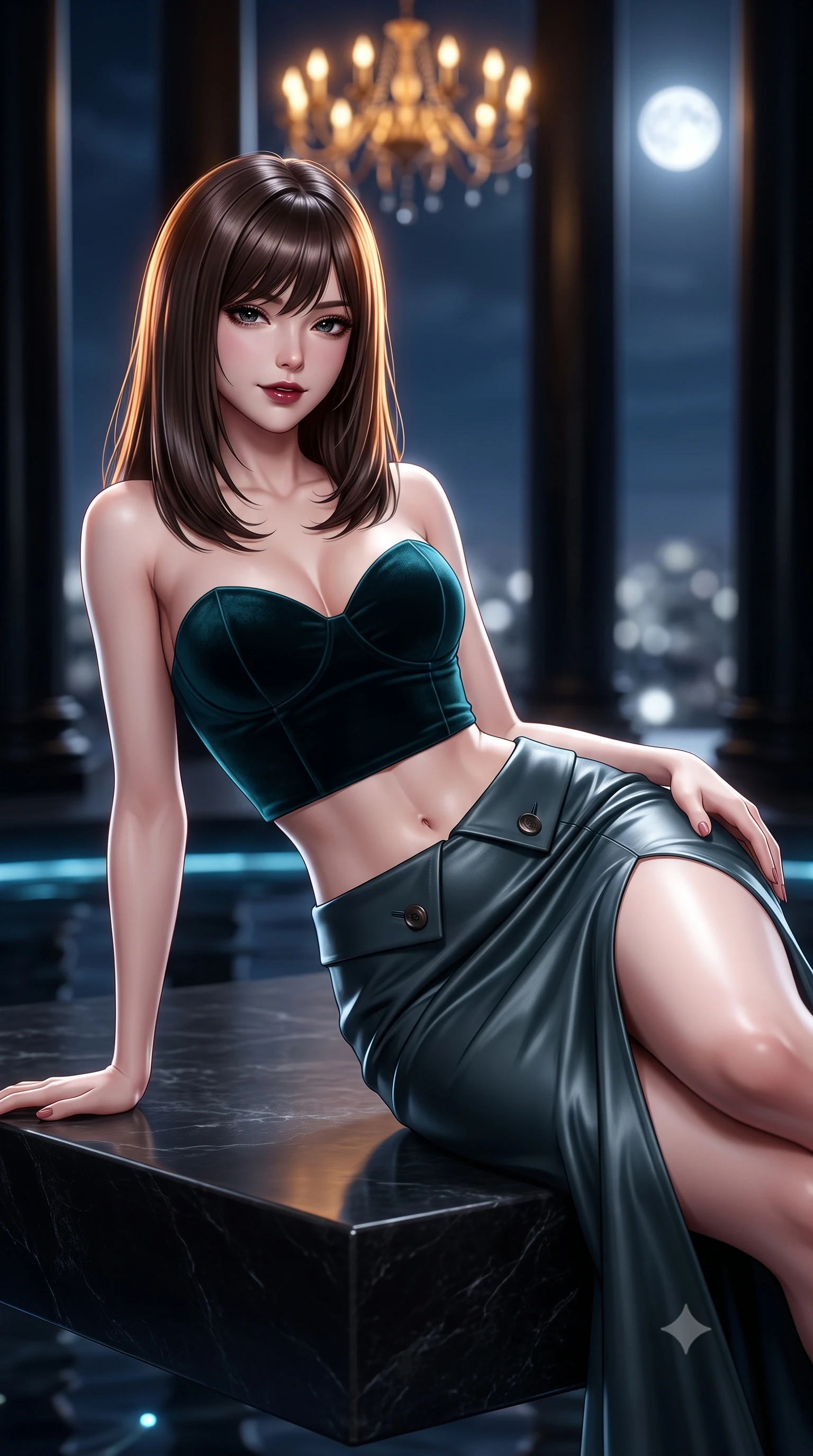 score_9, masterpiece, best quality, ultra-detailed, high-budget anime keyframe, semi-realistic 3D game render, editorial fashion photography, tasteful artistic composition, Korean woman. close-up cowboy shot from the waist and thighs up, the character dominates the composition, filling the frame with her large presence. turning slowly with a smoldering smile, her glossy dark hair catching the amber chandelier rim light as her hips angle gracefully in a captivating contrapposto while reclining languidly on a floating stone plinth propped on one elbow, her long slender legs and hourglass curves commanding the frame with dark allure. The composition keeps background elements in soft focus with dreamy creamy bokeh. soaring minimalist black basalt columns and distant open midnight sky with bright full moon blurred into cold platinum, silver, and obsidian bokeh. She has an exceptionally elegant, slender, and willowy female figure with an ultra-slim waist, flat toned midriff, narrow ribcage, and sculpted feminine hips creating an alluring, slim hourglass silhouette without bulk. sharp v-shaped jawline, high-bridge nose, intricate jewel-like dark sparkling eyes with dangerous depth, thick curled eyelashes, glossy parted lips with a rich wine sheen, smoldering seductive half-smile with bedroom-eyes, exuding effortless superiority and intoxicating dark allure, flawlessly proportioned anatomical accuracy, strict slender model proportions, natural body alignment, perfectly sculpted long slender limbs, ultra-slim waistline, clean dynamic posture without body distortion. wearing a sweetheart-neckline velvet bustier paired with a curve-hugging high-slit mermaid maxi skirt in deep forest teal and dark gunmetal, made of supple butter-soft lambskin leather with a subtle satin sheen, finished with sharp tailored peak lapels and subtle horn button accents, the form-contouring cut accentuating her sculpted flat midriff, narrow delicate ribcage, and gracefully curvy hips with sovereign high-fashion precision. illuminated by subtle underwater fiber-optic perimeter lights and crisp platinum rim lighting sharply carving her slim torso, narrow waist, and curvy hips. highly saturated vibrant anime colors, detailed shading with soft gradients, rich glossy textures, high-contrast stereoscopic depth, volumetric dynamic lighting, master piece, 9:16 ratio