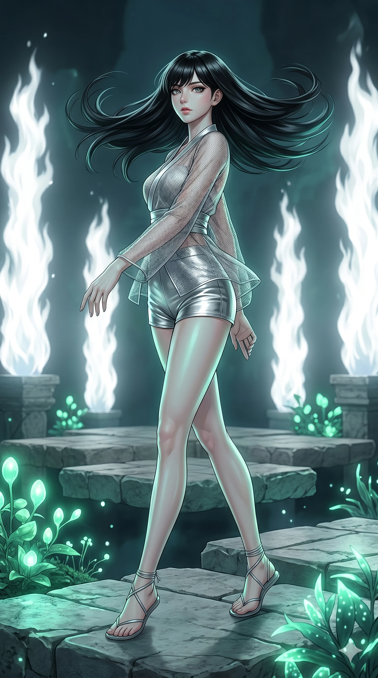 score_9, masterpiece, best quality, ultra-detailed, high-budget anime keyframe, editorial fashion photography, tasteful artistic composition, Caucasian woman, strictly human ears. low angle full-body shot from head to toe showing her feet, filling the entire 9:16 vertical frame with her statuesque presence, stretching her vertical silhouette. Pivoting sharply mid-step with her hair sweeping in a dramatic arc behind her, caught in fluid motion on a floating stone courtyard surrounded by columns of white fire that do not burn. She has an absolutely perfect 8-heads proportion, an exceptionally tall and slender female figure with impossibly long slender legs and an ultra-slim waist. V-shaped jawline, high-bridge nose, intricate jewel-like eyes with depth, thick eyelashes, glossy lips with a natural sheen. wearing a modern traditional fusion wrap top in sheer-mesh overlay paired with metallic high-waist shorts. bathed in a luminous emerald glow from nearby plants, highlighting her skin with natural light. 2k, ultra detail, master piece, 9:16 ratio