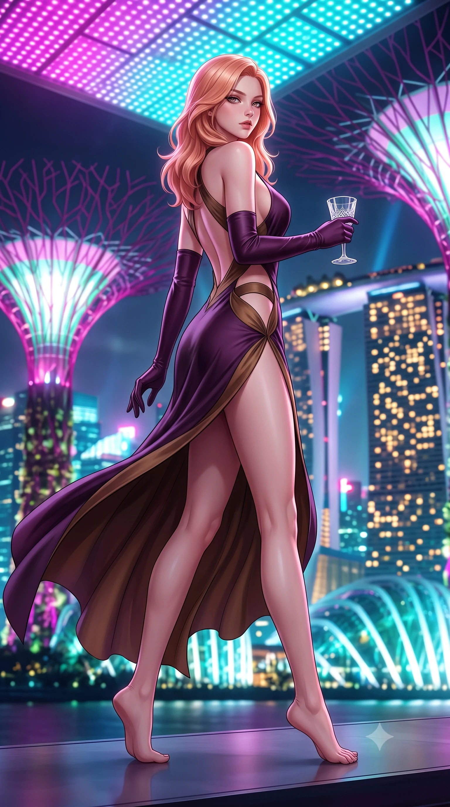 score_9, masterpiece, best quality, ultra-detailed, high-budget anime keyframe, semi-realistic 3D game render, editorial fashion photography, tasteful artistic composition, Japanese woman. low angle full-body shot from head to toe showing her feet, filling the entire 9:16 vertical frame with her statuesque presence, stretching her vertical silhouette. striding forward in a proud supermodel runway stride, hips swaying in an alluring kinetic rhythm that accentuates her curvy hourglass silhouette while executing an elegant mid-motion turn as night winds whip her high-slit dress, her statuesque vertical presence dominating the futuristic panorama. The composition keeps background elements in soft focus with creamy bokeh. giant illuminated supertree bio-domes and Marina Bay Sands towers blurred into electric magenta, turquoise, and gold bokeh. She has an exceptionally tall and slender model-like 8.5-heads proportion, an ultra-slim waist, a flat toned midriff, narrow delicate ribcage, and beautifully sculpted feminine hips creating a graceful, slim hourglass silhouette without any bulky heaviness, with impossibly long slender legs. sharp v-shaped jawline, high-bridge nose, intricate jewel-like eyes with depth, thick eyelashes, glossy parted lips with a natural sheen, intensely captivating and seductive bedroom-eyes expression, flawlessly proportioned anatomical accuracy, strict slender model proportions, natural body alignment, perfectly sculpted long slender limbs, ultra-slim waistline, clean dynamic posture without body distortion. wearing a botanical cutout monokini with organic leaf-curve side openings and high-cut hip bands in deep plum violet and antique bronze, made of fluid silk crepe with delicate inner corsetry boning, accessorized with opera-length satin gloves and a vintage crystal glass, the dramatically scooped open back descending to the base of her spine, accentuating her razor-sharp statuesque lines and slim hourglass silhouette. bathed in dynamic color-shifting LED canopy lights from above and ambient city skyline uplights. highly saturated vibrant anime colors, detailed shading with soft gradients, rich glossy textures, high-contrast stereoscopic depth, volumetric dynamic lighting, master piece, 9:16 ratio