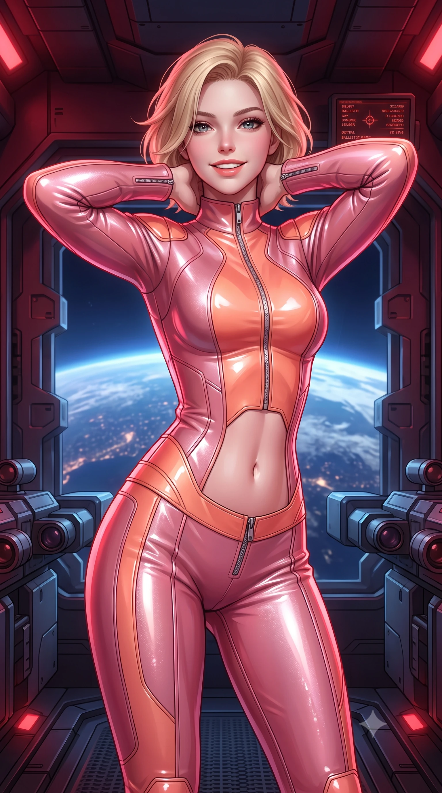 score_9, masterpiece, best quality, ultra-detailed, high-budget anime keyframe, semi-realistic 3D game render, editorial fashion photography, tasteful artistic composition, Caucasian woman. close-up cowboy shot from the waist and thighs up, the character dominates the composition, filling the frame with her large presence. resting both hands lightly behind her neck with elbows raised, arching her spine to highlight her narrow waist, flat midriff, and breathtaking collarbones while standing poised on the heavy armored gun deck overlooking banks of targeting periscopes, arching her spine with breathtaking anime heroine allure as blast shutters open to the planet below. The surrounding environment is rendered in vivid detail and crisp panoramic clarity: sharp armored blast door teeth, optical targeting sensor lenses, and digital ballistic telemetry readouts in deep focus. She has an exceptionally elegant, slender, and willowy female figure with an ultra-slim waist, flat toned midriff, narrow ribcage, and sculpted feminine hips creating an alluring, slim hourglass silhouette without bulk. sharp v-shaped jawline, high-bridge nose, intricate jewel-like sparkling eyes with depth, thick eyelashes, glossy parted lips with a natural peach sheen, bright cheerful beaming smile with an enchanting and coquettish sensual glint, exuding both youthful cute charm and seductive allure, flawlessly proportioned anatomical accuracy, strict slender model proportions, natural body alignment, perfectly sculpted long slender limbs, ultra-slim waistline, clean dynamic posture without body distortion. wearing a sculpted tactical lambskin leather catsuit with seamless paneling and silver zipper hardware accentuating her flat midriff and curvy hips in Solaris liquid rose-quartz and alien peach, tailored from high-gloss patent leather with mirror-like specular highlights, complemented by strappy stiletto sandals with metallic ankle wraps accentuating her slender calves, the impeccably tailored cut draping gracefully along her slender figure with aristocratic poise. bathed in moody 660nm deep crimson battle stations lighting mixed with cool blue planetary city-light radiance. highly saturated vibrant anime colors, detailed shading with soft gradients, rich glossy textures, high-contrast stereoscopic depth, volumetric dynamic lighting, master piece, 9:16 ratio