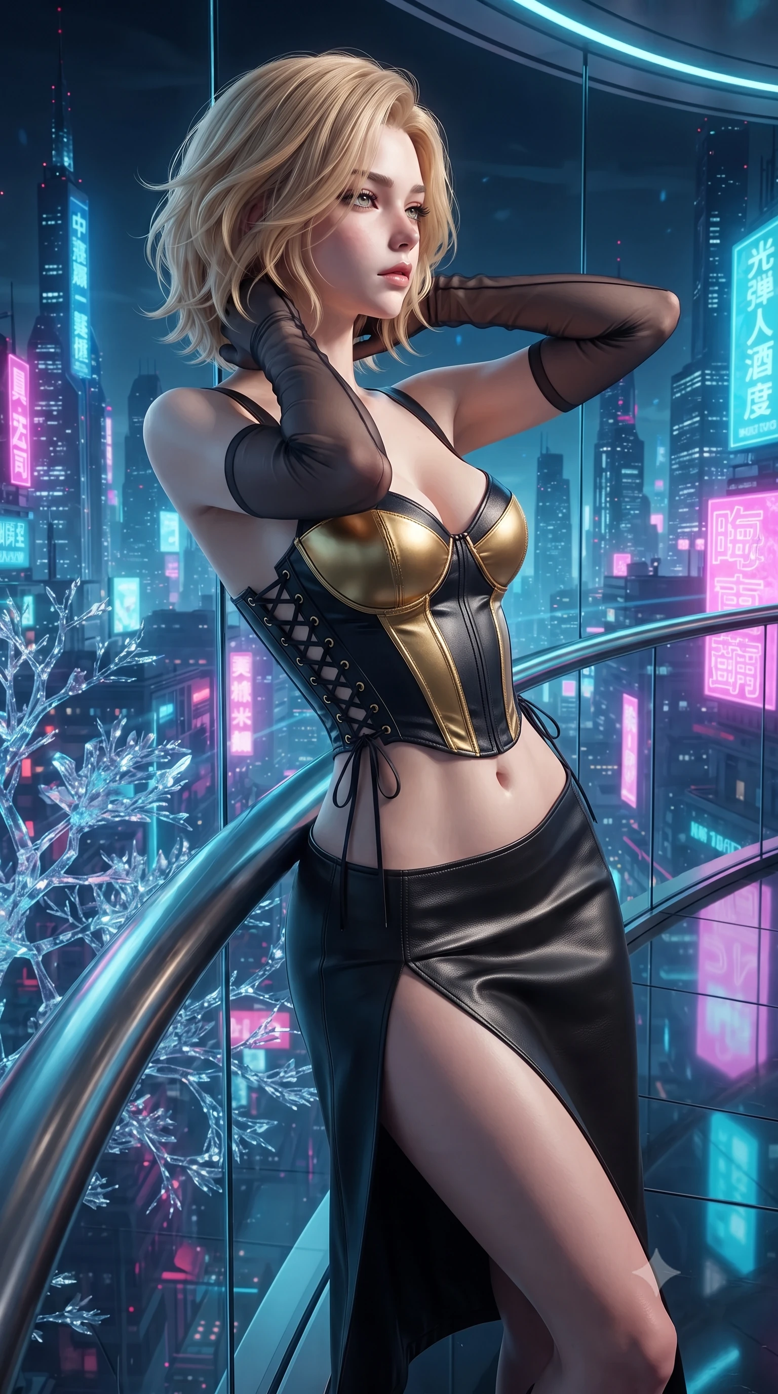 score_9, masterpiece, best quality, ultra-detailed, high-budget anime keyframe, editorial fashion photography, tasteful artistic composition, Caucasian woman. close-up cowboy shot from the waist and thighs up, the character dominates the composition, filling the frame with her large presence. resting both hands lightly behind her neck with elbows raised, arching her spine to highlight her narrow waist, flat midriff, and breathtaking collarbones while leaning against the curved panoramic titanium balustrade with hips cocked back, looking out over the neon-drenched spires of Neo-Tokyo with heavy-lidded smoldering bedroom-eyes. The surrounding environment is rendered in vivid detail and crisp panoramic clarity: sharp nano-glass floor reflections, intricate crystalline branch lattices, and streaming neon Kanji holographic billboards through panoramic glass in deep focus. She has an exceptionally elegant, slender, and willowy female figure with an ultra-slim waist, flat toned midriff, narrow ribcage, and sculpted feminine hips creating an alluring, slim hourglass silhouette without bulk. sharp v-shaped jawline, high-bridge nose, intricate jewel-like sparkling eyes with depth, thick eyelashes, glossy parted lips with a natural peach sheen, bright cheerful beaming smile with an enchanting and coquettish sensual glint, exuding both youthful cute charm and seductive allure, flawlessly proportioned anatomical accuracy, strict slender model proportions, natural body alignment, perfectly sculpted long slender limbs, ultra-slim waistline, clean dynamic posture without body distortion. wearing a sculpted satin cyber-corset with lace-up side ties paired with a low-rise micro skirt in singularity accretion gold and deep space void black, woven from buttery-soft stretch lambskin leather adhering to her body like a second skin, complemented by sheer opera-length evening gloves tracing her slender arms, the high-slit wrap tailoring accentuating her ultra-slim waistline and the enchanting curve of her feminine hips with alluring seductive charm. illuminated by floor pool reflection bounce and sharp laser-cyan rim lights sculpting her razor-sharp jawline, narrow waist, and curvy hips. ultra-reflective glossy finish, specular highlights, rich textural contrasts, high-contrast stereoscopic depth, volumetric dynamic lighting, 2k, ultra detail, master piece, 9:16 ratio