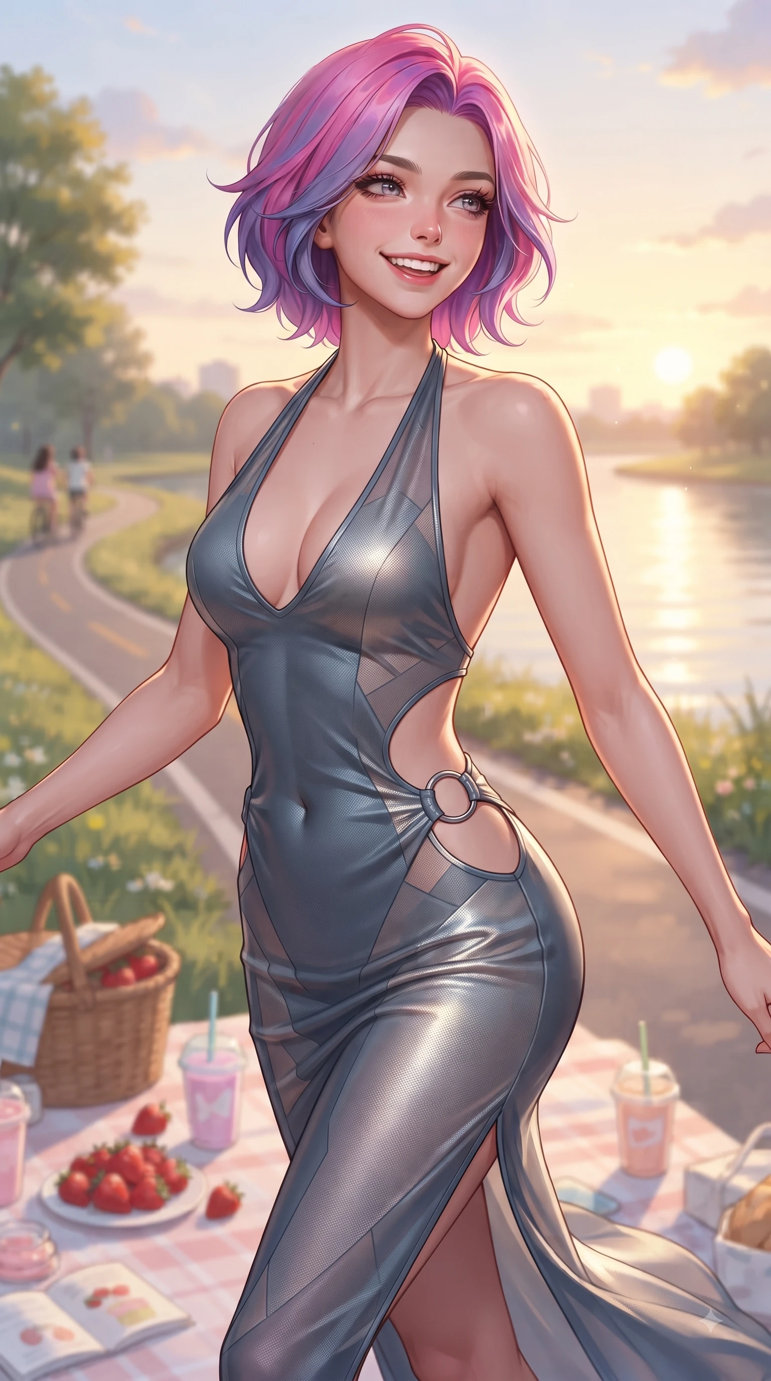score_9, masterpiece, best quality, ultra-detailed, high-budget anime keyframe, editorial fashion photography, tasteful artistic composition, Caucasian woman. close-up cowboy shot from the waist and thighs up, the character dominates the composition, filling the frame with her large presence, background elements kept in soft focus. Radiant youthful grin reflecting college charm while casting a playful, joyful side-gaze with heavy lashes while pivoting in a happy stride along a riverside cycling path as golden sunset light paints the sky, picnic baskets, fresh strawberries, and pastel drinks adding a sweet girlhood charm. She has an exceptionally elegant, slender, and willowy female figure with an ultra-slim waist, a gracefully sculpted slender torso, and a refined silhouette. sharp v-shaped jawline, high-bridge nose, intricate jewel-like eyes with depth, thick eyelashes, glossy lips with a natural sheen, flawlessly proportioned anatomical accuracy, natural body alignment, perfectly sculpted elegant limbs, clean dynamic posture without body distortion. wearing a deep-scoop halter bodycon dress with hip cutouts connected by silver rings in slate blue and metallic silver, woven from fine semi-opaque sheer organza, featuring subtle geometric cutouts that highlight her ultra-slim midriff, the tailored fabric tightly following every curve of her athletic build. surrounded by a serene, uplifting, and romantic riverside park ambiance. ultra-reflective glossy finish, specular highlights, metallic sheen, high-contrast stereoscopic depth, volumetric dynamic lighting, 2k, ultra detail, master piece, 9:16 ratio
