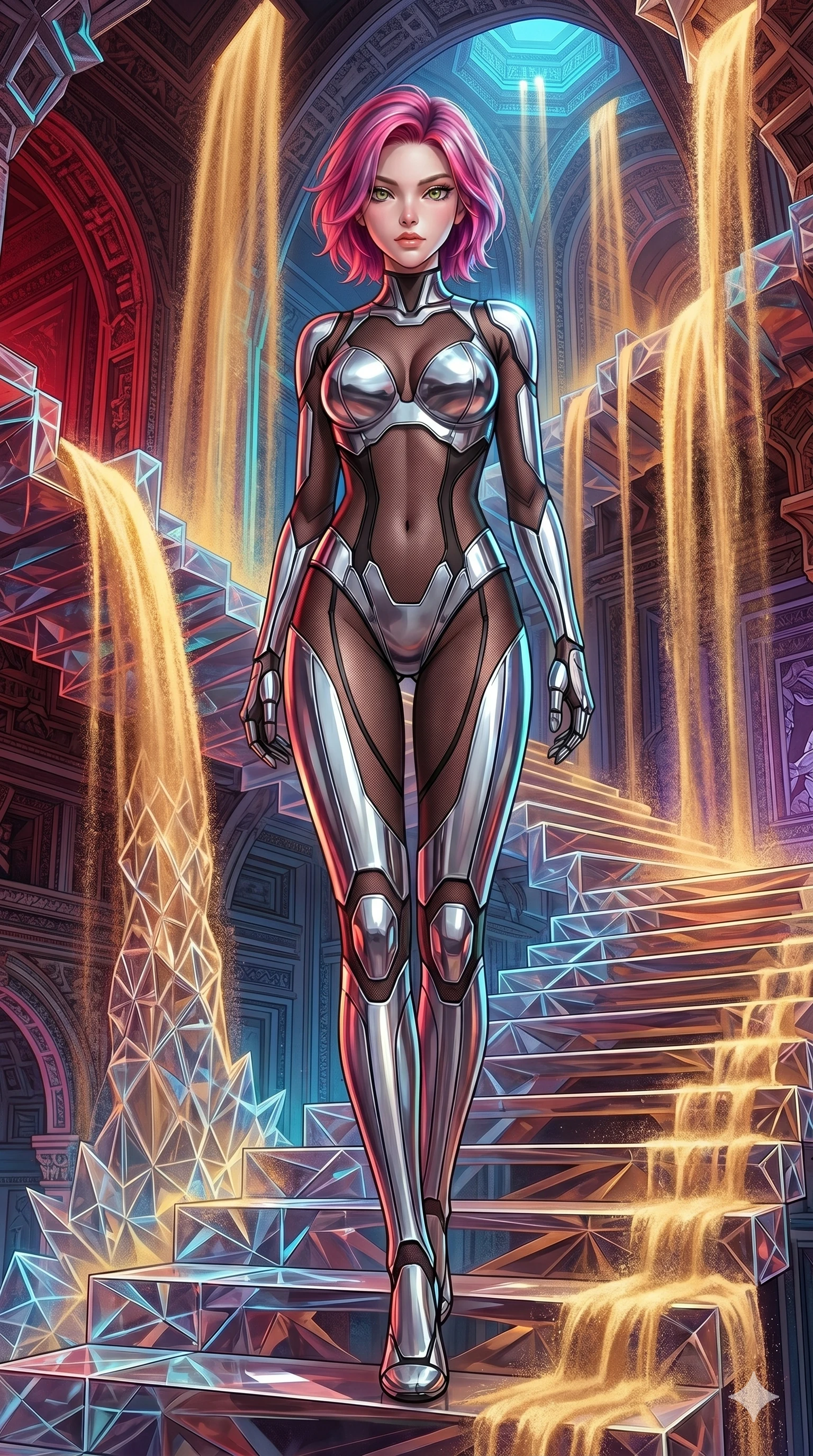 score_9, masterpiece, best quality, ultra-detailed, high-budget anime keyframe, Caucasian woman, strictly human ears. low angle full-body shot filling the entire 9:16 frame with her statuesque presence, stretching the vertical silhouette. descending through a fractal quicksand temple where golden sand waterfalls transform into glass crystals, revealing intricate repeating patterns. She has an absolutely perfect 8-heads proportion, an exceptionally tall and slender female figure with impossibly long slender legs and an ultra-slim waist. V-shaped jawline, high-bridge nose, intricate jewel-like eyes with depth, thick eyelashes, glossy lips with a natural sheen.. wearing a bionic chrome plate bodysuit, featuring silver chrome plates covering the bust and hips, connected by sheer black mesh panels. accented by dynamic color-blocked lighting with high-contrast shadows emphasizing her statuesque height. 2k, ultra detail, master piece, 9:16 ratio
