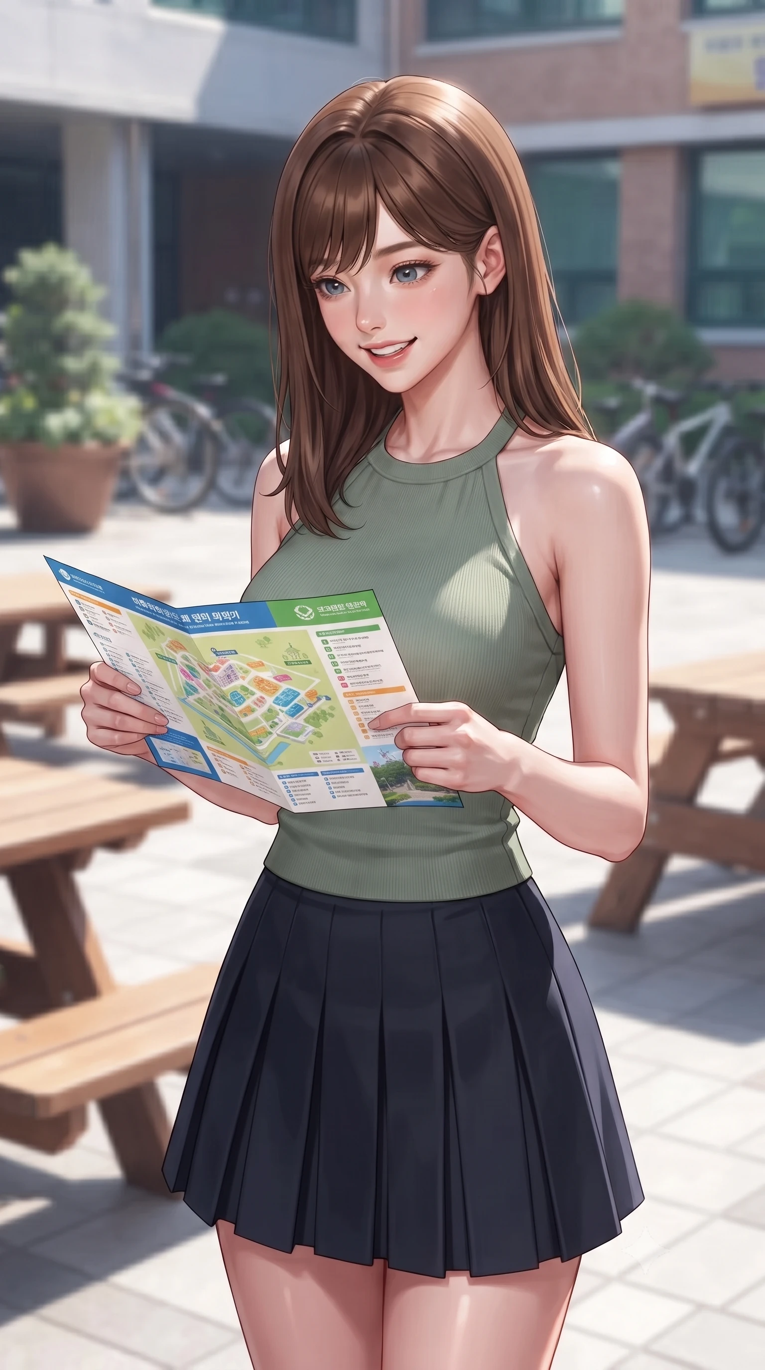 score_9, masterpiece, best quality, ultra-detailed, high-budget anime keyframe, editorial fashion photography, tasteful artistic composition, Korean woman. close-up cowboy shot from the waist and thighs up, the character dominates the composition, filling the frame with her large presence, background elements kept in soft focus. smiling with cute and bright self-assurance, looking directly at the viewer set against a soft-focus background of in a sunlit campus courtyard filled with student tables, potted plants, and bicycle racks looking at a campus map brochure with a cheerful, curious look. She has an exceptionally elegant, slender, and willowy female figure with an ultra-slim waist, a gracefully sculpted slender torso, and a refined silhouette. sharp v-shaped jawline, high-bridge nose, intricate jewel-like eyes with depth, thick eyelashes, glossy lips with a natural sheen. wearing slim-fit tailored halter knit top in sage green, paired with a pleated mini skirt. cool morning sunlight creating a fresh, energetic ambiance. ultra-reflective glossy finish, specular highlights, metallic sheen, high-contrast stereoscopic depth, volumetric dynamic lighting, 2k, ultra detail, master piece, 9:16 ratio