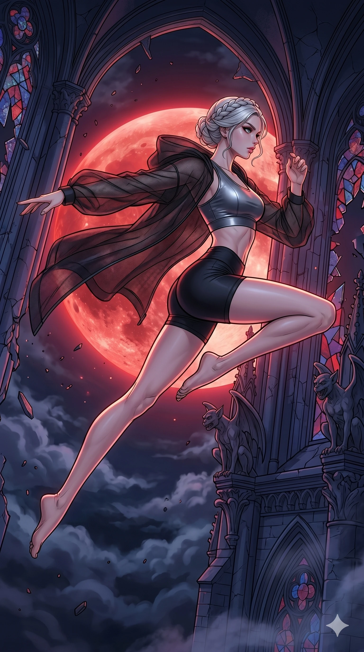 score_9, masterpiece, best quality, ultra-detailed, high-budget anime movie keyframe, cinematic anime lighting, intricate line art, Japanese woman. Dynamic full-body shot stretching the vertical silhouette across the 9:16 frame. leaping gracefully in a gothic obsidian tower under a blood moon. She has an absolutely perfect 8-heads proportion, an exceptionally tall and slender female figure with an ultra-slim waist and impossibly long slender legs. sharp v-shaped jawline, high-bridge nose, intricate jewel-like eyes, thick eyelashes, glossy lips. Wearing premium athleisure set with a metallic-finish compression top, high-cut yoga shorts that accentuate her long legs, and a sheer oversized hoodie. The scene is illuminated by dramatic atmospheric lighting and vibrant color palettes. , 2k, ultra detail, master piece, 9:16 ratio