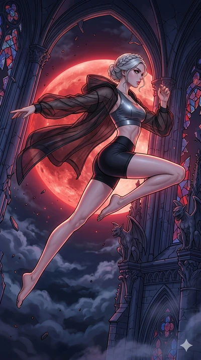 score_9, masterpiece, best quality, ultra-detailed, high-budget anime movie keyframe, cinematic anime lighting, intricate line art, Japanese woman. Dynamic full-body shot stretching the vertical silhouette across the 9:16 frame. leaping gracefully in