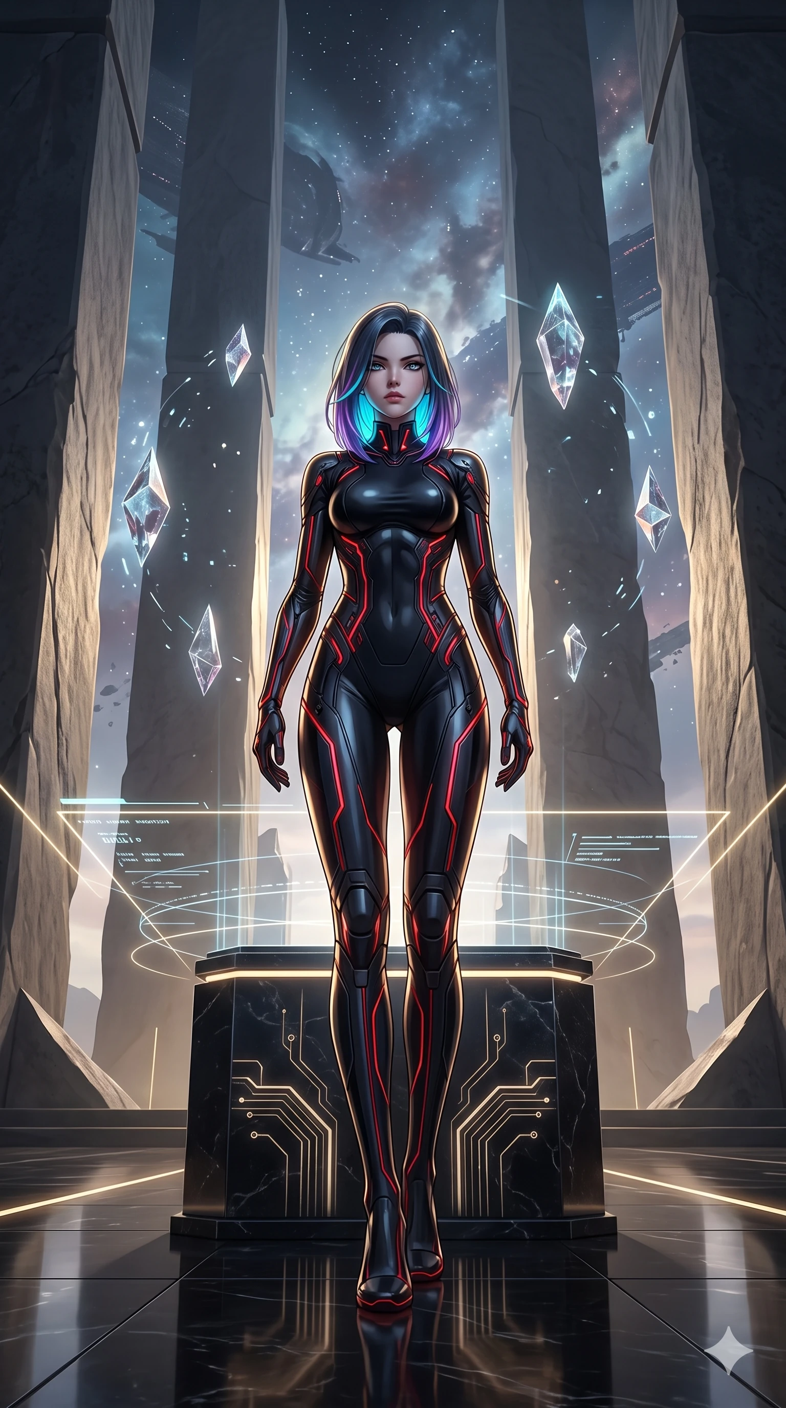 score_9, masterpiece, best quality, ultra-detailed, high-budget anime keyframe, semi-realistic 3D game render, editorial fashion photography, tasteful artistic composition, Caucasian woman. low angle full-body shot from head to toe showing her feet, filling the entire 9:16 vertical frame with her statuesque presence, stretching her vertical silhouette. standing poised between colossal monoliths rising from alien ground, arching her back with sovereign ancient-future grace while standing poised at the black granite speaker podium, arching her lower back with sovereign supermodel grace as levitating cryptographic data crystals rotate in complex orbital paths. The surrounding environment is rendered in vivid detail and crisp panoramic clarity: sharp carved stone heraldic crests, polished data crystal facet bevels, and crisp laser projection lines in deep focus. She has an absolutely perfect, statuesque 8.5-heads proportion, an exceptionally tall and slender model-like female figure with impossibly long slender legs, an ultra-slim waist, a flat toned midriff, narrow delicate ribcage, and beautifully sculpted feminine hips creating a graceful, slim hourglass silhouette without any bulky heaviness. sharp v-shaped jawline, high-bridge nose, intricate jewel-like sparkling eyes with depth, thick eyelashes, glossy parted lips with a natural sheen, bright confident smile with an enchanting and coquettish sensual glint, exuding both youthful magnetic charm and sovereign high-tech allure, flawlessly proportioned anatomical accuracy, strict slender model proportions, natural body alignment, perfectly sculpted long slender limbs, ultra-slim waistline, clean dynamic posture without body distortion. wearing a form-contouring semi-opaque dark mesh catsuit with carbon-plated cups and fine lace-pattern panels across her torso in midnight black lacquer and vibrant scarlet neon, woven from high-density tech-wool with subtle metallic thread weave, featuring fine criss-cross lace-up side ties revealing tantalizing glimpses of her hip curve, the bespoke structured tailoring following the natural line of her 8.5-heads silhouette with refined elegance. illuminated by black granite floor reflections and sharp gold-platinum rim lights carving her sculpted collarbones, ultra-slim waist, and curvy hips. highly saturated vibrant anime colors, detailed shading with soft gradients, rich glossy textures, high-contrast stereoscopic depth, volumetric dynamic lighting, master piece, 9:16 ratio