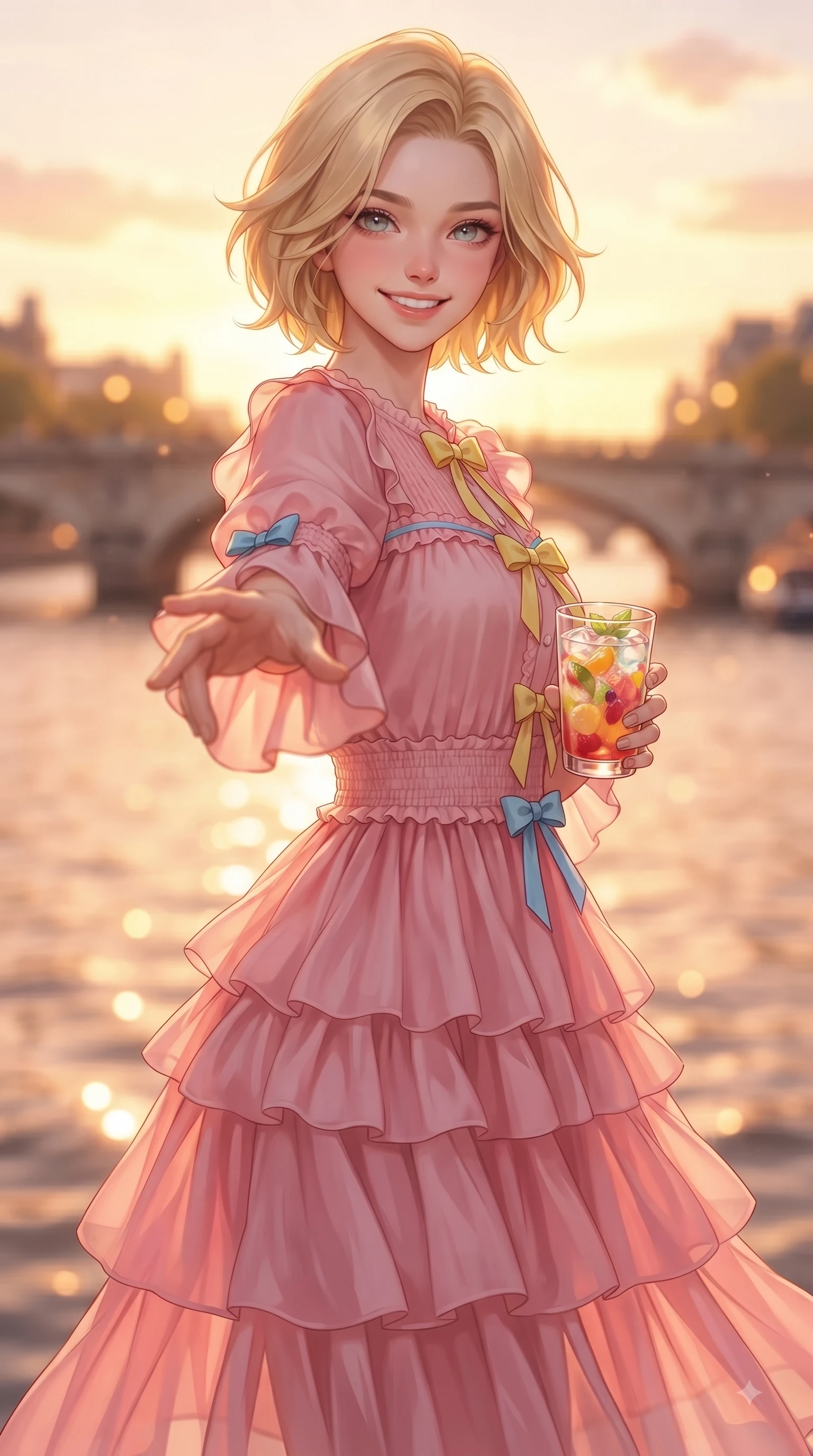 score_9, masterpiece, best quality, ultra-detailed, high-budget anime keyframe, editorial fashion photography, tasteful artistic composition, Caucasian woman. close-up cowboy shot from the waist and thighs up, the character dominates the composition, filling the frame with her large presence. Youthful bright smile exuding pure cute charm and fresh energy, her torso turning dynamically into the lens while reaching one hand out playfully toward the camera holding a refreshing fruit drink with a sweet grin. The composition keeps background elements in soft focus with dreamy bokeh. rose-gold river reflections and distant city bridges blurred into warm golden evening bokeh. She has an exceptionally elegant, slender, and willowy female figure with an ultra-slim waist, a gracefully sculpted slender torso, and a refined silhouette. sharp v-shaped jawline, high-bridge nose, intricate jewel-like eyes with depth, thick eyelashes, glossy lips with a natural sheen, flawlessly proportioned anatomical accuracy, natural body alignment, perfectly sculpted elegant limbs, clean dynamic posture without body distortion. wearing a romantic pink tiered chiffon maxi dress decorated with delicate bow ribbons in sunny daffodil yellow and clear sky blue, crafted from smooth fluid silk satin, accented with soft smocked details and fluttery cuffs, the tailored casual silhouette highlighting her fresh and youthful presence. bathed in glorious golden hour sunset sunbeams and warm amber sky radiance. ultra-reflective glossy finish, specular highlights, metallic sheen, high-contrast stereoscopic depth, volumetric dynamic lighting, 2k, ultra detail, master piece, 9:16 ratio