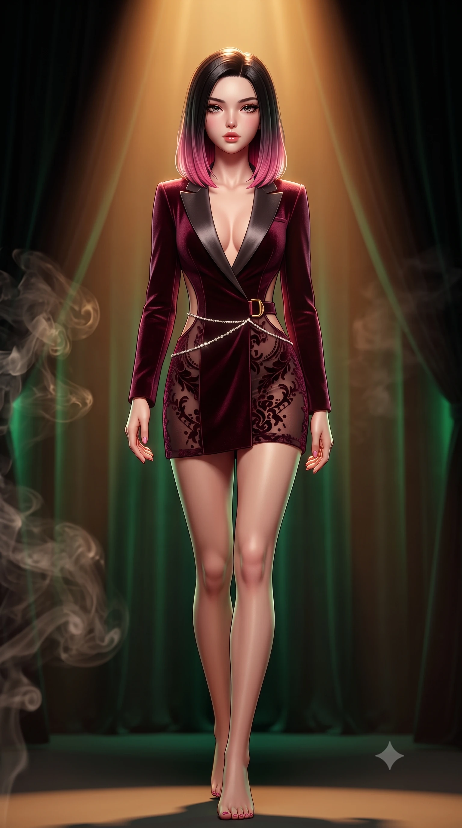 score_9, masterpiece, best quality, ultra-detailed, high-budget anime keyframe, semi-realistic 3D game render, editorial fashion photography, tasteful artistic composition, Korean woman. low angle full-body shot from head to toe showing her feet, filling the entire 9:16 vertical frame with her statuesque presence, stretching her vertical silhouette. striding forward in a proud supermodel runway stride, hips swaying in an alluring kinetic rhythm that accentuates her curvy hourglass silhouette while sitting high on a dark leather circular barstool with legs crossed, arching her lower back while holding a crystal cocktail glass to her parted lips. The composition keeps background elements in soft focus with creamy bokeh. drifting cigar smoke swirls and dark velvet draperies softened in moody 1930s shallow depth of field. She has an exceptionally tall and slender model-like 8.5-heads proportion, an ultra-slim waist, a flat toned midriff, narrow delicate ribcage, and beautifully sculpted feminine hips creating a graceful, slim hourglass silhouette without any bulky heaviness, with impossibly long slender legs. sharp v-shaped jawline, high-bridge nose, intricate jewel-like eyes with depth, thick eyelashes, glossy parted lips with a natural sheen, intensely captivating and seductive bedroom-eyes expression, flawlessly proportioned anatomical accuracy, strict slender model proportions, natural body alignment, perfectly sculpted long slender limbs, ultra-slim waistline, clean dynamic posture without body distortion. wearing a tailored velvet tuxedo jacket dress with satin lapels, worn with a deep plunge neckline and gold hip buckle in deep wine burgundy and brushed dark platinum, made of sheer contouring power-mesh with velvet flocking patterns, accented with a dainty diamond waist chain catching the ambient light reflections, the precision-cut side openings and low-back scoop framing her graceful spine and the sensual sweep of her slim, toned hips. bathed in warm amber incandescent spotlight beams and soft emerald velvet perimeter glow. highly saturated vibrant anime colors, detailed shading with soft gradients, rich glossy textures, high-contrast stereoscopic depth, volumetric dynamic lighting, master piece, 9:16 ratio