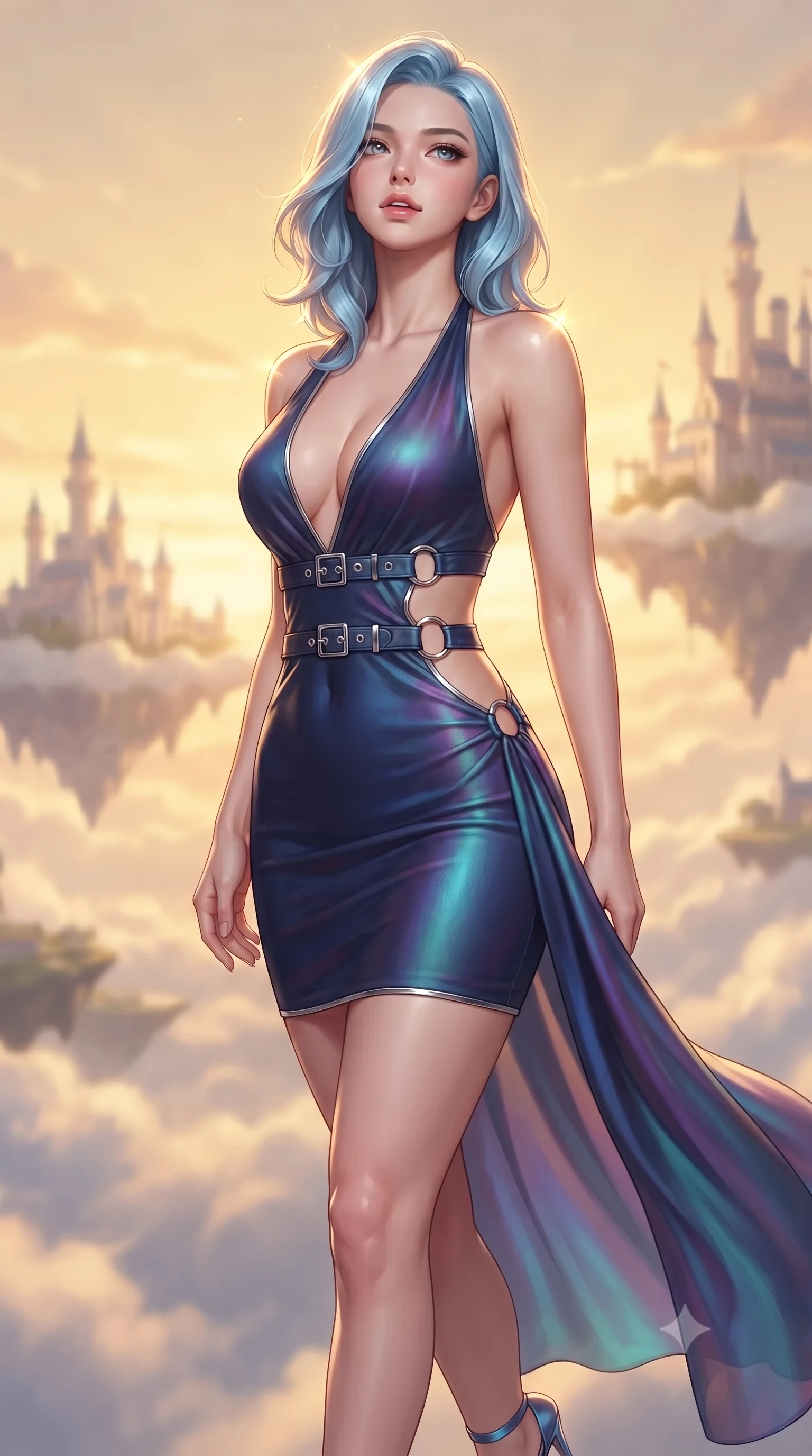 score_9, masterpiece, best quality, ultra-detailed, high-budget anime keyframe, editorial fashion photography, tasteful artistic composition, Korean woman. close-up cowboy shot from the waist and thighs up, the character dominates the composition, filling the frame with her large presence, background elements kept in soft focus. Tilting her chin up slightly with lips parted in a magnetic, composed expression gazing out at a dreamlike palace archipelago suspended in golden hour light, golden hour sunbursts creating a majestic rim lighting effect. She has an exceptionally elegant, slender, and willowy female figure with an ultra-slim waist, a gracefully sculpted slender torso, and a refined silhouette. sharp v-shaped jawline, high-bridge nose, intricate jewel-like eyes with depth, thick eyelashes, glossy lips with a natural sheen. wearing a deep-scoop halter bodycon dress with hip cutouts connected by silver rings in midnight navy blue and chrome trim, crafted from iridescent chiffon that shifts colors in the light, detailed with polished silver buckles along the waistline, the glove-like fit emphasizing her statuesque silhouette. surrounded by a bright, luxurious aura of warm sunshine and sky reflections. highly saturated vibrant anime colors, detailed shading with soft gradients, rich glossy textures, high-contrast stereoscopic depth, volumetric dynamic lighting, master piece, 9:16 ratio