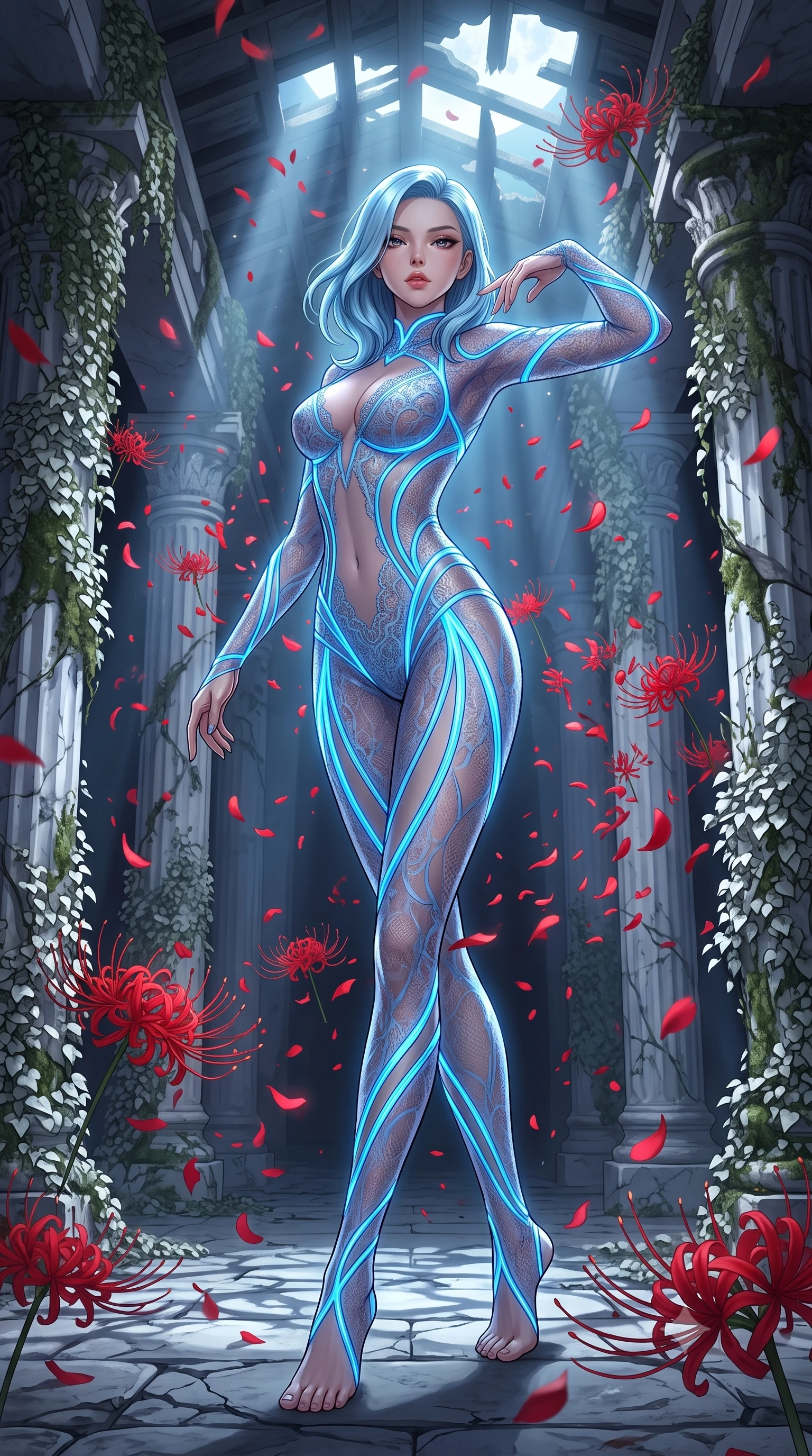 score_9, masterpiece, best quality, ultra-detailed, High-budget Anime Keyframe, East Asian woman. Low angle cowboy shot filling the entire 9:16 frame with her statuesque presence. Scenario 266: dancing amidst falling red spider lilies inside a moonlit ancient temple with collapsing marble pillars and white ivy. Her presence is magnetic and overpowering in this high-budget anime scene. Outfit 266: a slim-fit micro-mesh lace dangerous with a sheer panels and glowing LED seams. The clothing is designed to emphasize her exceptionally tall and slender 8-heads proportion. 8-heads proportion, towering silhouette, ultra-slim waist. sharp v-shaped jawline, intricate jewel-like eyes with depth, thick eyelashes, glossy lips. 2k, ultra detail, master piece, 9:16 ratio