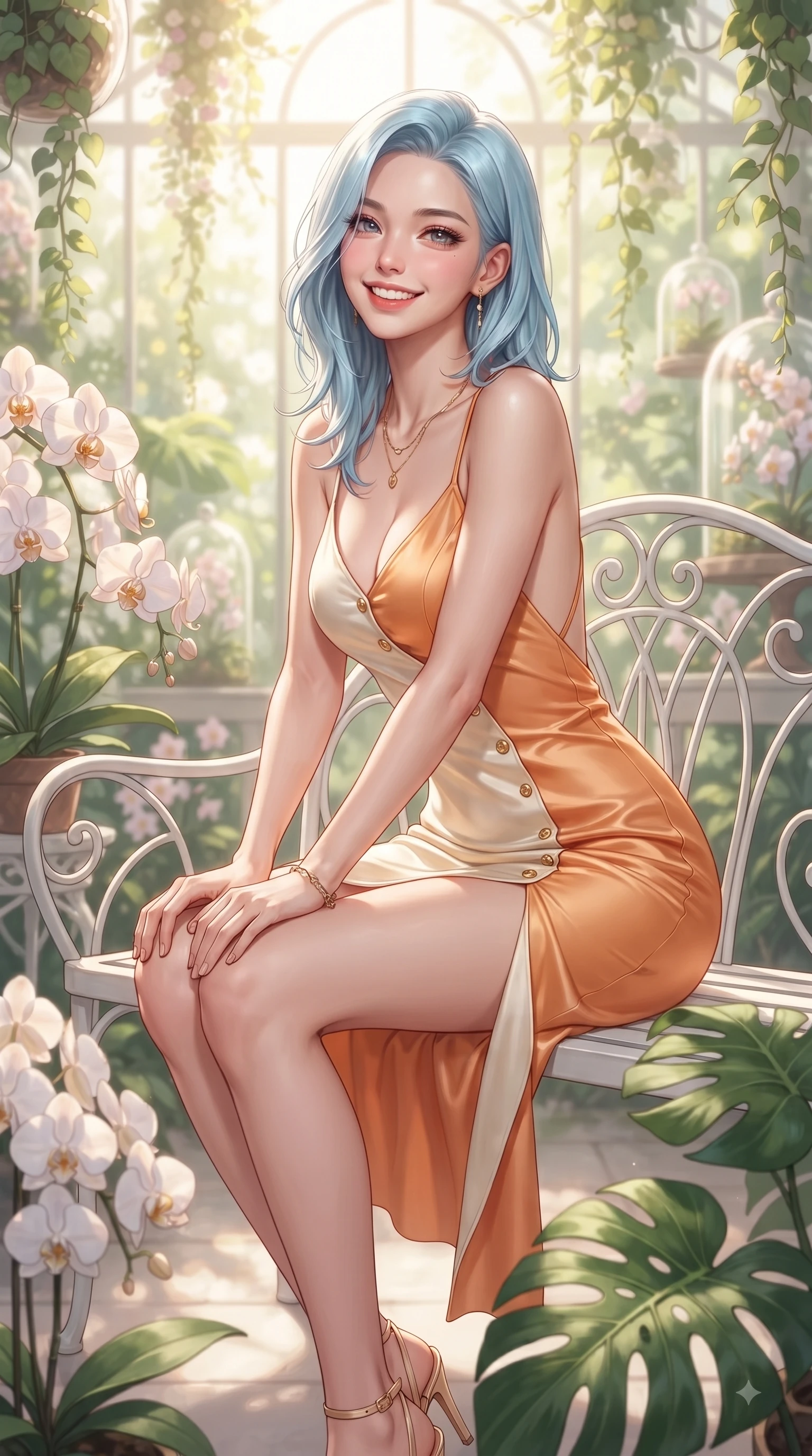 score_9, masterpiece, best quality, ultra-detailed, high-budget anime keyframe, editorial fashion photography, tasteful artistic composition, Korean woman. close-up cowboy shot from the waist and thighs up, the character dominates the composition, filling the frame with her large presence. Radiant youthful grin reflecting girlhood charm while casting a playful, joyful side-gaze with heavy lashes while sitting on a white iron garden bench surrounded by blooming orchids and Monstera leaves. The composition keeps background elements in soft focus with dreamy bokeh. cascading botanical vines and glass dome refractions softened in creamy depth of field. She has an exceptionally elegant, slender, and willowy female figure with an ultra-slim waist, a gracefully sculpted slender torso, and a refined silhouette. sharp v-shaped jawline, high-bridge nose, intricate jewel-like eyes with depth, thick eyelashes, glossy lips with a natural sheen, flawlessly proportioned anatomical accuracy, natural body alignment, perfectly sculpted elegant limbs, clean dynamic posture without body distortion. wearing a precision-fitted liquid satin slip dress with fluid draped lines and an open back in warm apricot orange and cream white, crafted from smooth liquid silk satin, adorned with delicate gold buttons along the front, the tailored fabric tightly following every curve of her athletic build. surrounded by a peaceful, sun-drenched, and healing greenhouse atmosphere. ultra-reflective glossy finish, specular highlights, metallic sheen, high-contrast stereoscopic depth, volumetric dynamic lighting, 2k, ultra detail, master piece, 9:16 ratio