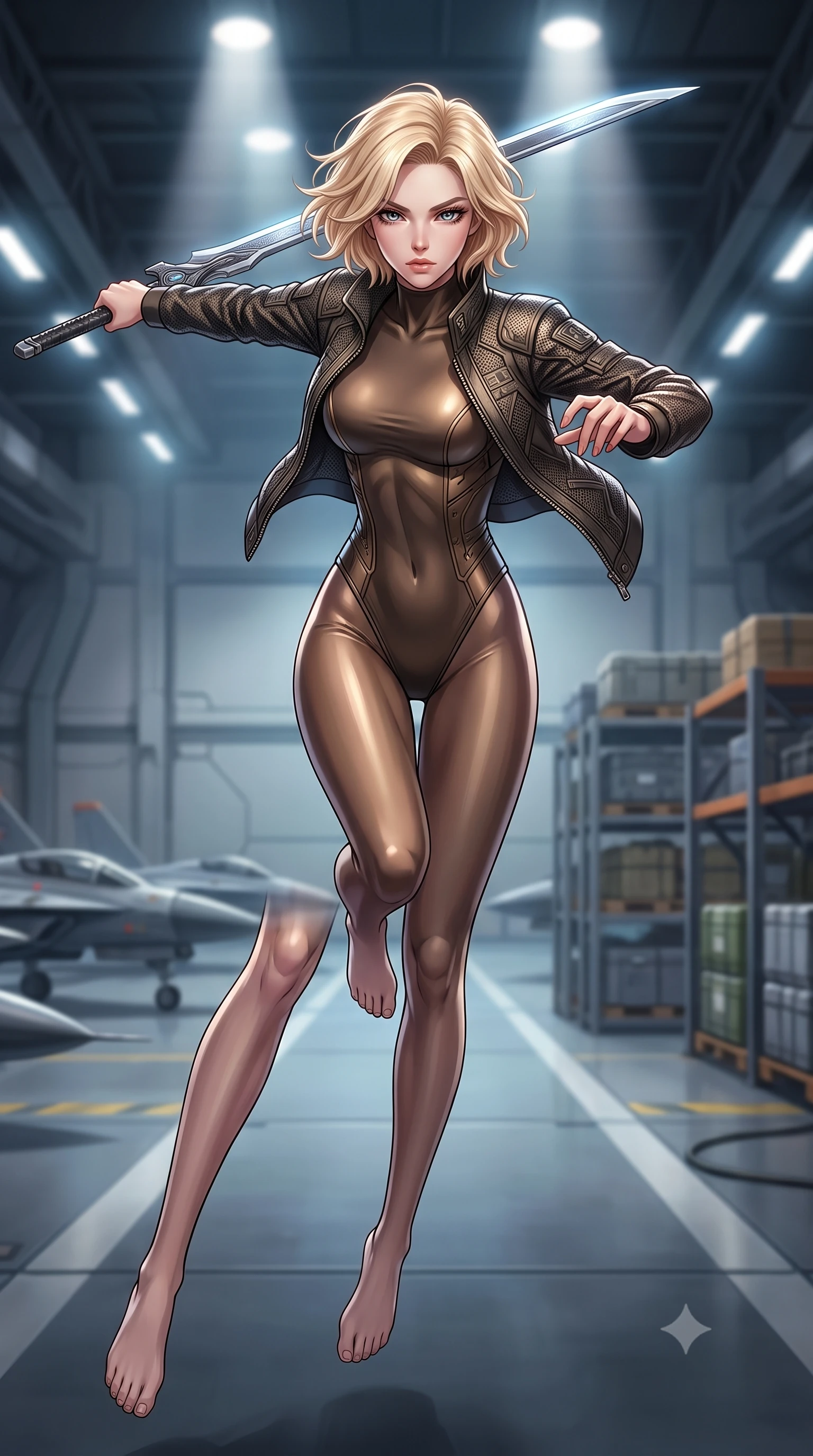 score_9, masterpiece, best quality, ultra-detailed, high-budget anime keyframe, editorial fashion photography, tasteful artistic composition, Caucasian woman. low angle full-body shot from head to toe showing her feet, filling the entire 9:16 vertical frame with her statuesque presence, stretching her vertical silhouette. leaping forward while slashing with a twin-bladed plasma sword in mid-air, her body-contouring suit showing her athletic silhouette, the background shows a soft-focus the hangar bay of a singularity cruiser with parked fighters and cargo racks. She has an absolutely perfect, statuesque 8.5-heads proportion, an exceptionally tall and slender model-like female figure with impossibly long slender legs and an ultra-slim waist. sharp v-shaped jawline, high-bridge nose, intricate jewel-like eyes with depth, thick eyelashes, glossy lips with a natural sheen. wearing a slim-fit form-fitting high-neck bodysuit in dark bronze, worn under a tailored open carbon-mesh tactical jacket. focused overhead white spotlights highlighting the detailed metallic textures. highly saturated vibrant anime colors, detailed shading with soft gradients, rich glossy textures, high-contrast stereoscopic depth, volumetric dynamic lighting, master piece, 9:16 ratio