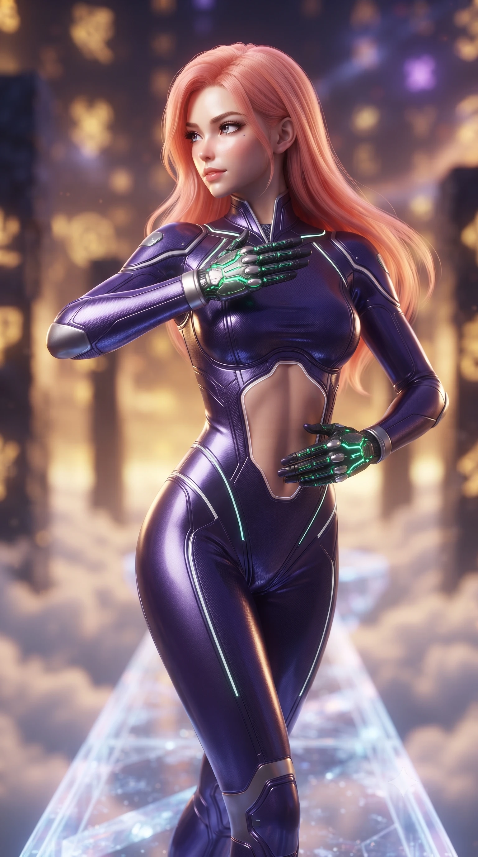 score_9, masterpiece, best quality, ultra-detailed, high-budget anime keyframe, editorial fashion photography, tasteful artistic composition, Japanese woman. close-up cowboy shot from the waist and thighs up, the character dominates the composition, filling the frame with her large presence. resting one hand in a defensive deflective posture while glancing over her shoulder with thick eyelashes and a confident, smoldering combat half-smile while stepping along a glowing crystal bridge suspended above clouds with arms held in ancient martial arts harmony. The composition keeps background elements in soft focus with creamy bokeh. floating obsidian temple pillars and golden holographic glyphs blurred into rich amber, gold, and violet bokeh. She has an exceptionally elegant, slender, and willowy female figure with an ultra-slim waist, a gracefully sculpted slender torso, toned flat midriff, and a refined slim silhouette. sharp v-shaped jawline, high-bridge nose, intricate jewel-like eyes with depth, thick eyelashes, glossy lips with a natural sheen, flawlessly proportioned anatomical accuracy, strict slender model proportions, natural body alignment, perfectly sculpted long slender limbs, ultra-slim waistline, clean dynamic posture without body distortion. wearing a precision-fitted royal purple carbon-fiber martial arts suit with silver accents and glowing micro-circuit knuckle plating in emerald green carbon composite with glowing lime laser channels, made of lightweight aerodynamic carbon-titanium alloy with polished edge bevels, accented with glowing fiber-optic conduits tracing her collarbones and hip curves, the precision-cut daring openings accentuating her delicate midriff, graceful bare collarbones, and ultra-slim feminine waistline. illuminated by crisp specular highlights tracing her sculpted flat midriff, bare spine, and slender limbs. ultra-reflective glossy finish, specular highlights, dark metallic sheen, high-contrast stereoscopic depth, volumetric dynamic lighting, 2k, ultra detail, master piece, 9:16 ratio